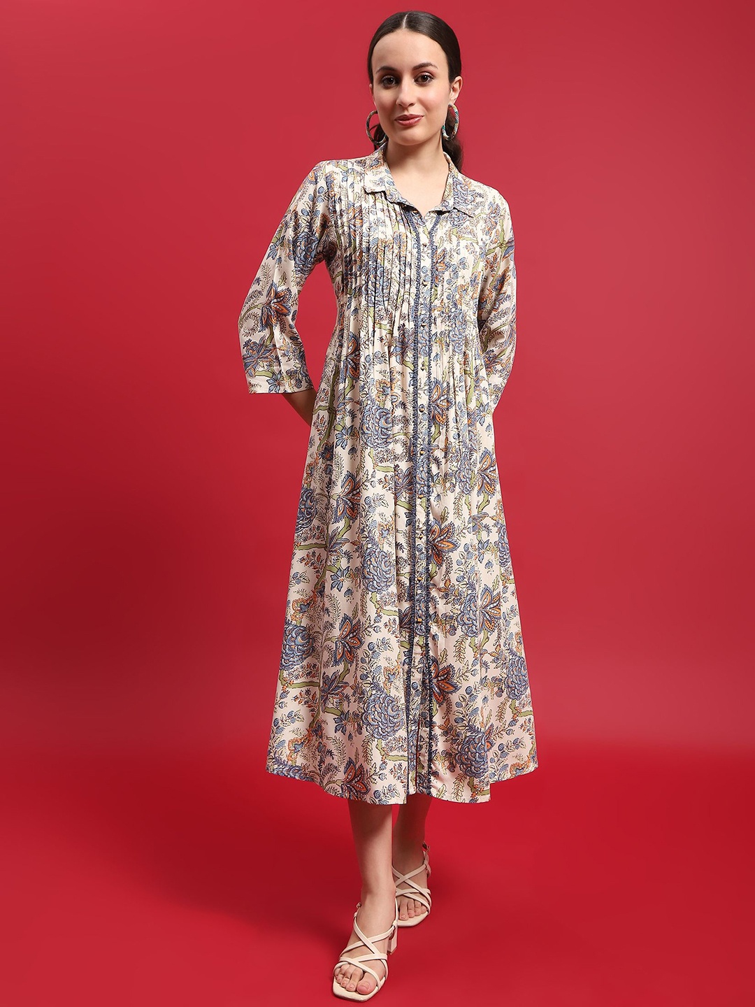

Shree Women Floral Printed Liva A-Line Midi Dress, Beige