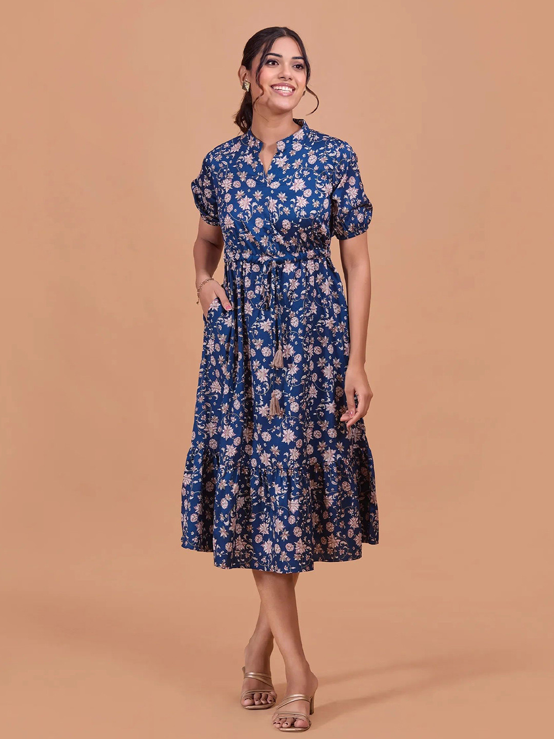 

all about you Women Printed Puff Sleeve Cotton Fit & Flare Midi Dress, Blue