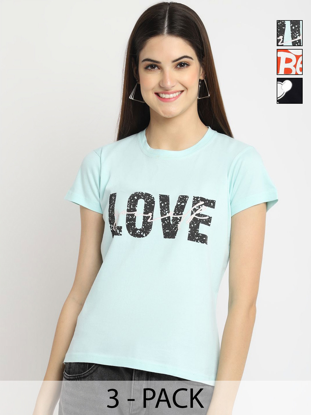

Dreambe Women Pack of 3 Mickey Mouse Typography Printed Round Neck Cotton T-shirts, Black