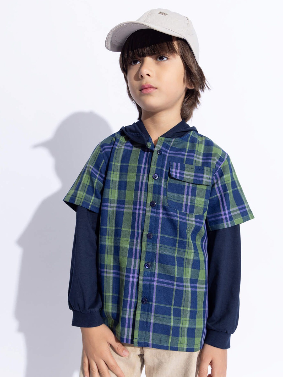 

taffykids Boys Comfort Fit Hood Tartan Checked Casual Shirt, Blue