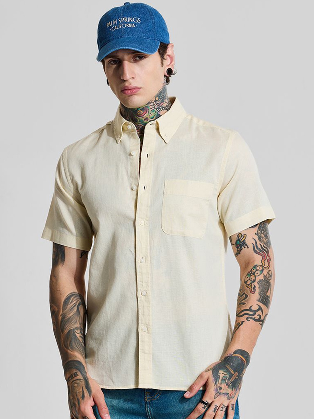 

Snitch Men Slim Fit Button-Down Collar Solid Formal Shirt, Yellow