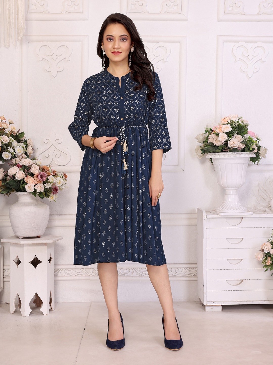 

Rangita Women Ethnic Printed Fit & Flared Dress With Belt, Navy blue