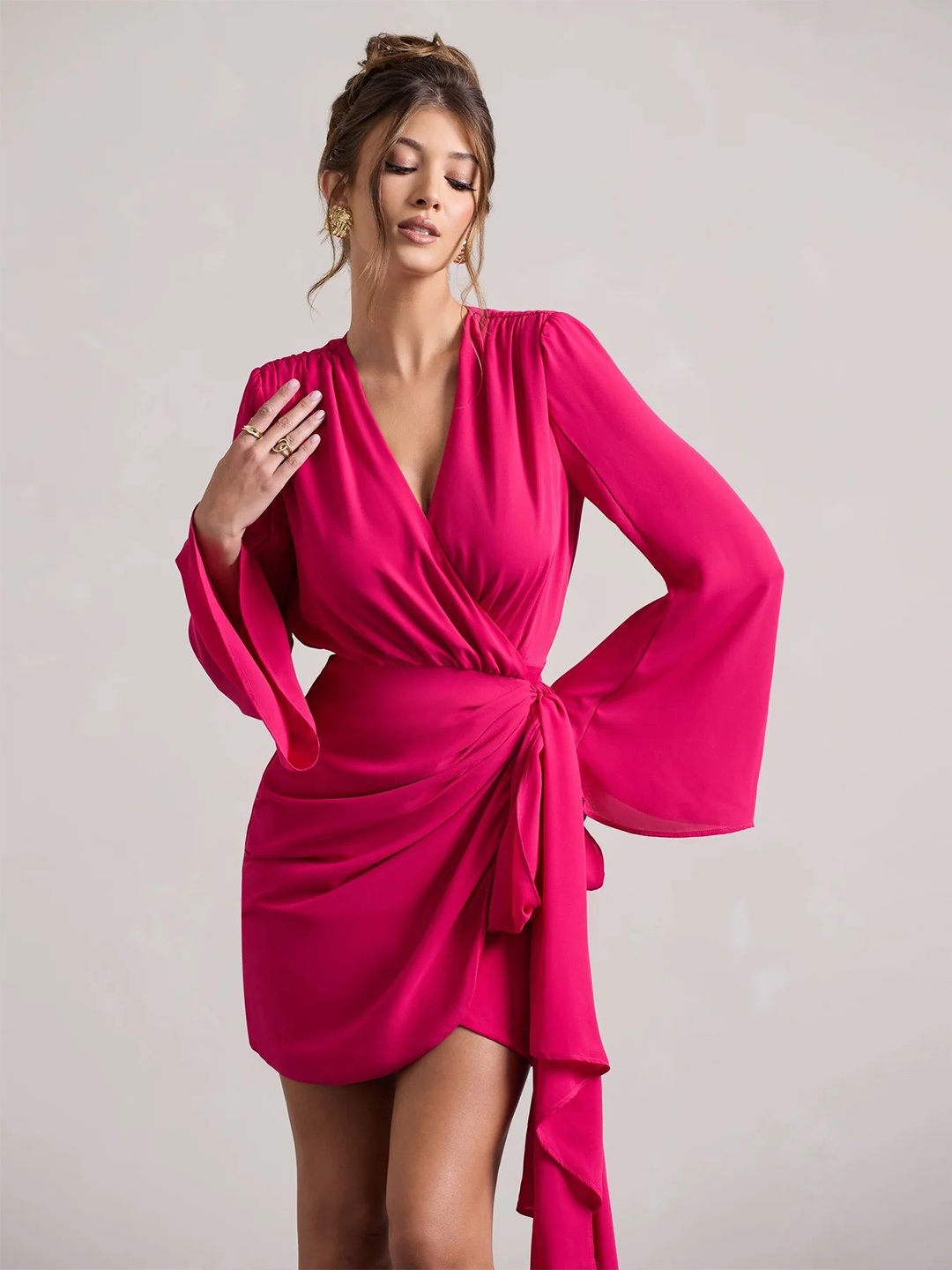 

TRAQUILA Women V-Neck Flared Sleeve Wrap Dress, Pink