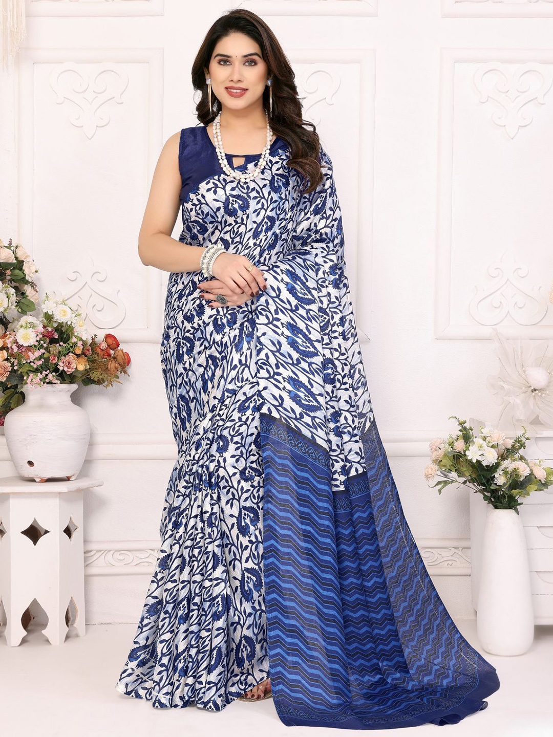 

ODETTE Ethnic Motifs Satin Khadi Printed Saree, Blue