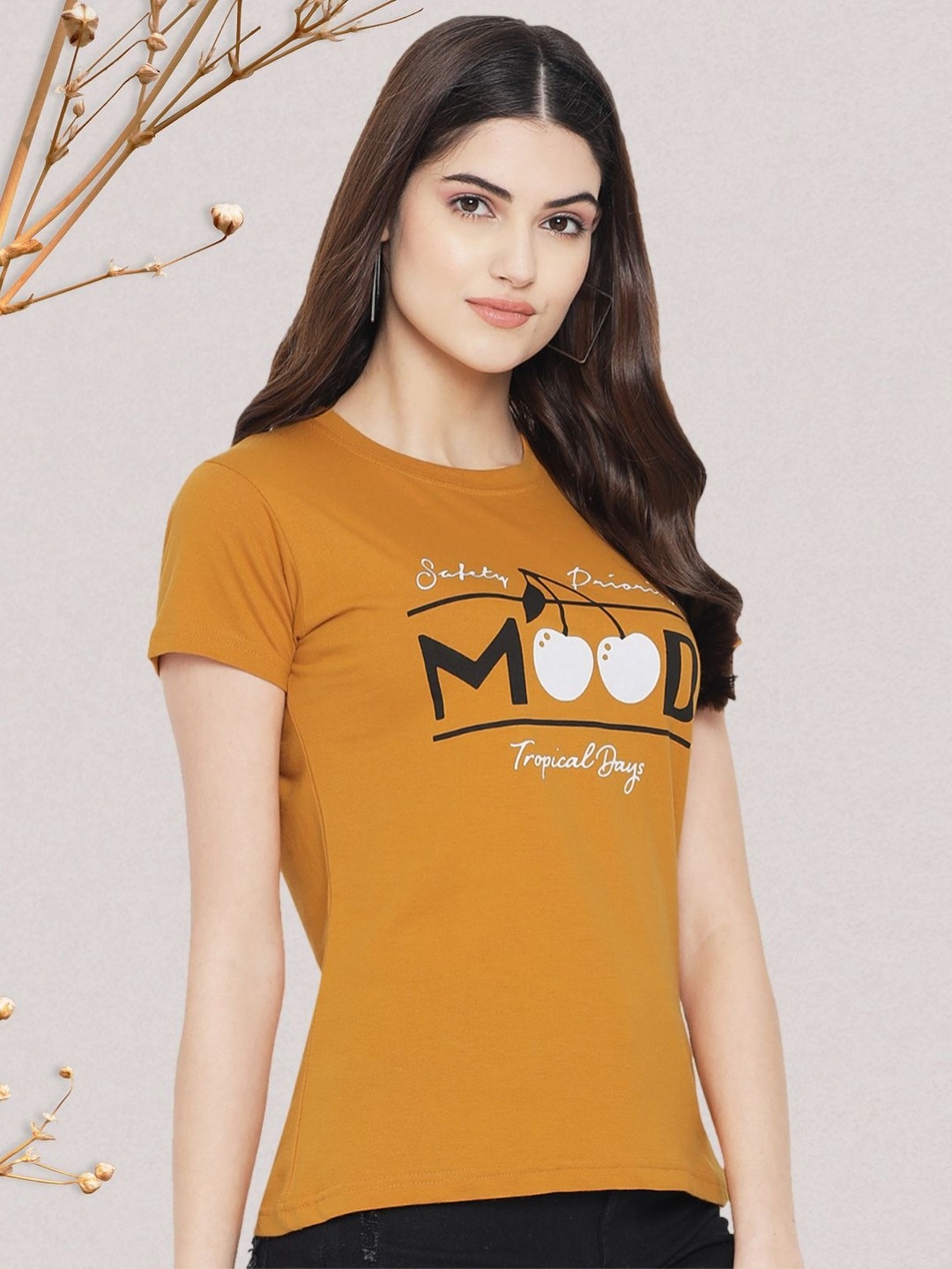 

Dreambe Women Typography Printed Round Neck Short Sleeve Pure Cotton Casual T-Shirt, Yellow