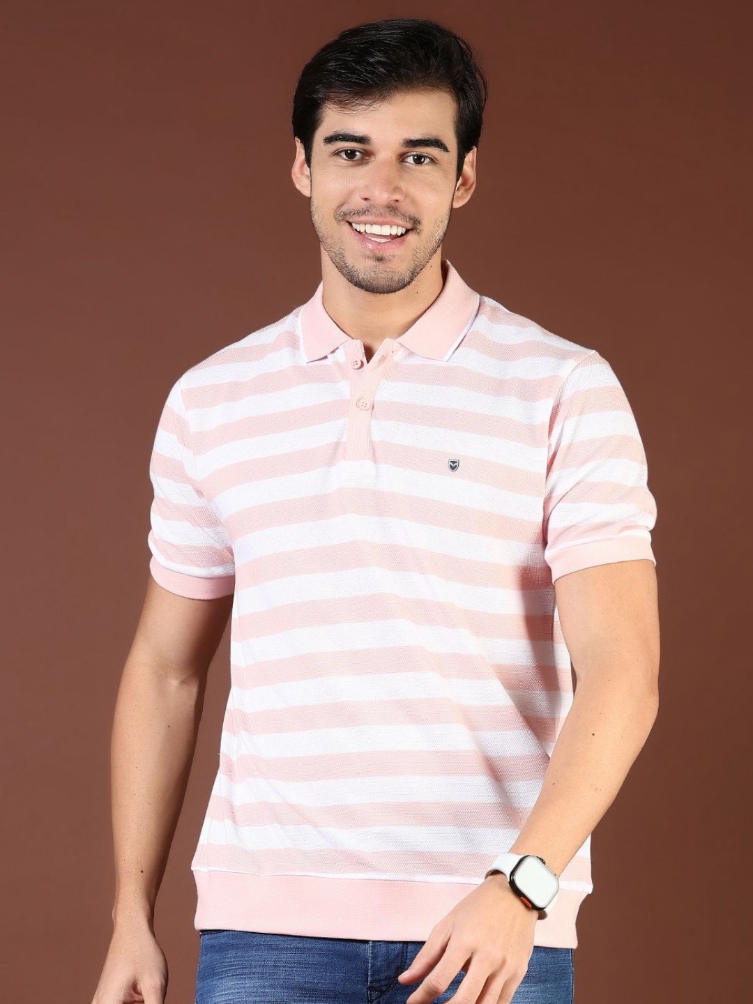 

V-Mart Men Striped Polo Collar Cotton T-shirt, Pink
