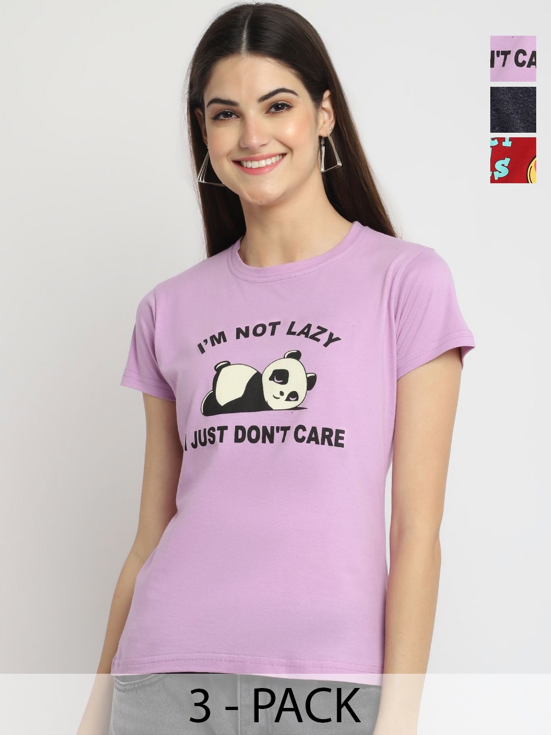 

Dreambe Women Pack of 3 Graphic Printed Round Neck Cotton T-shirts, Lavender