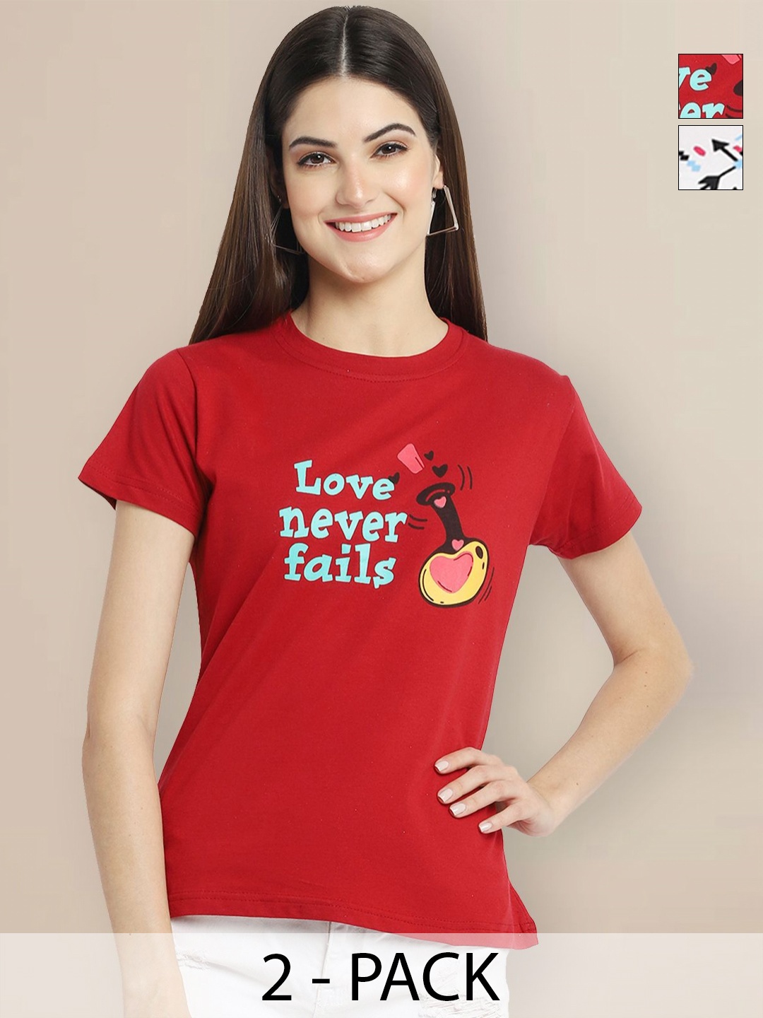 

GLOBAL NOMAD Women Pack of 2 Graphic Printed Round Neck Cotton T-shirts, Red