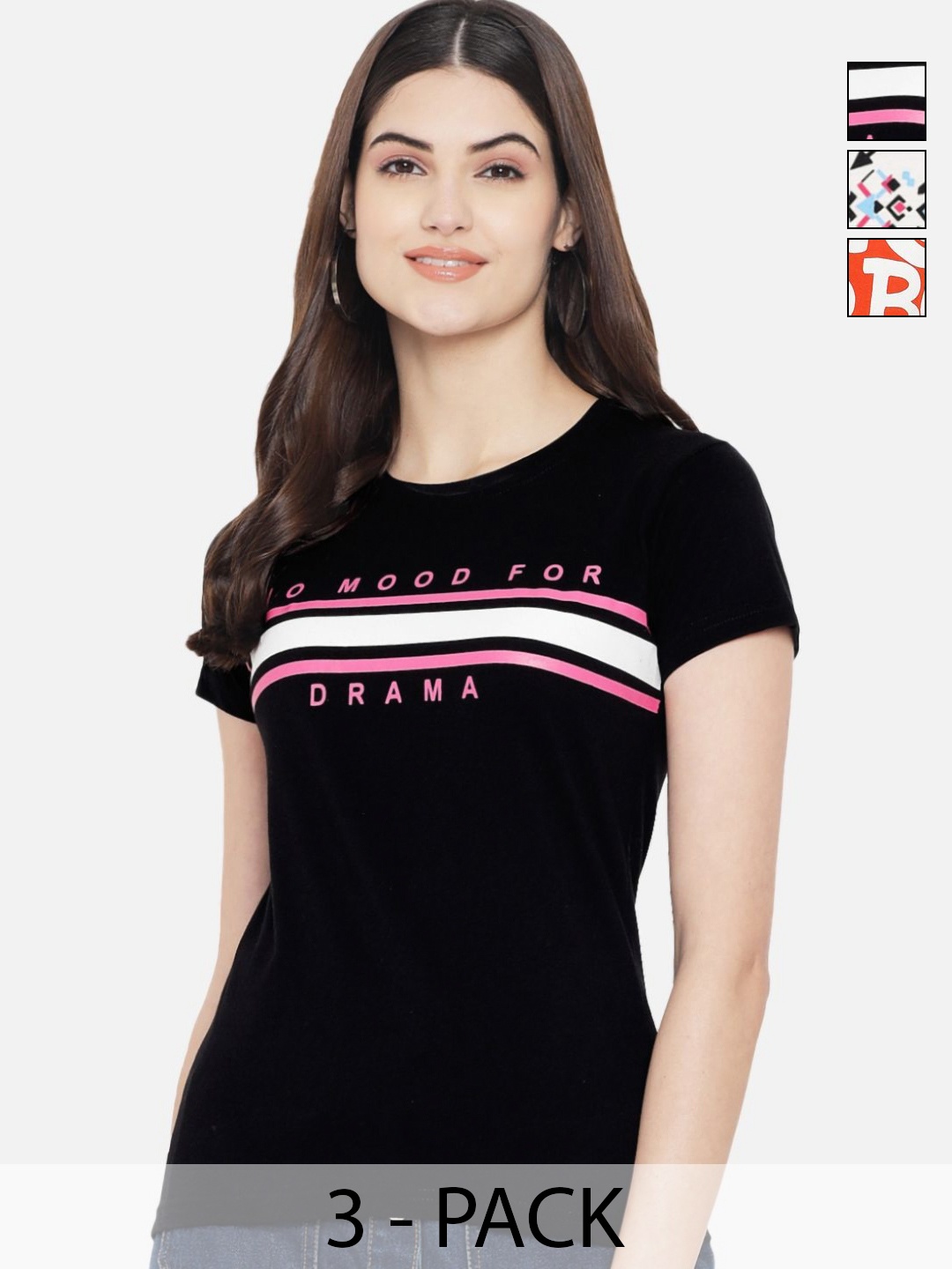 

Dreambe Women Pack of 3 Typography Printed Round Neck Cotton T-shirts, Black