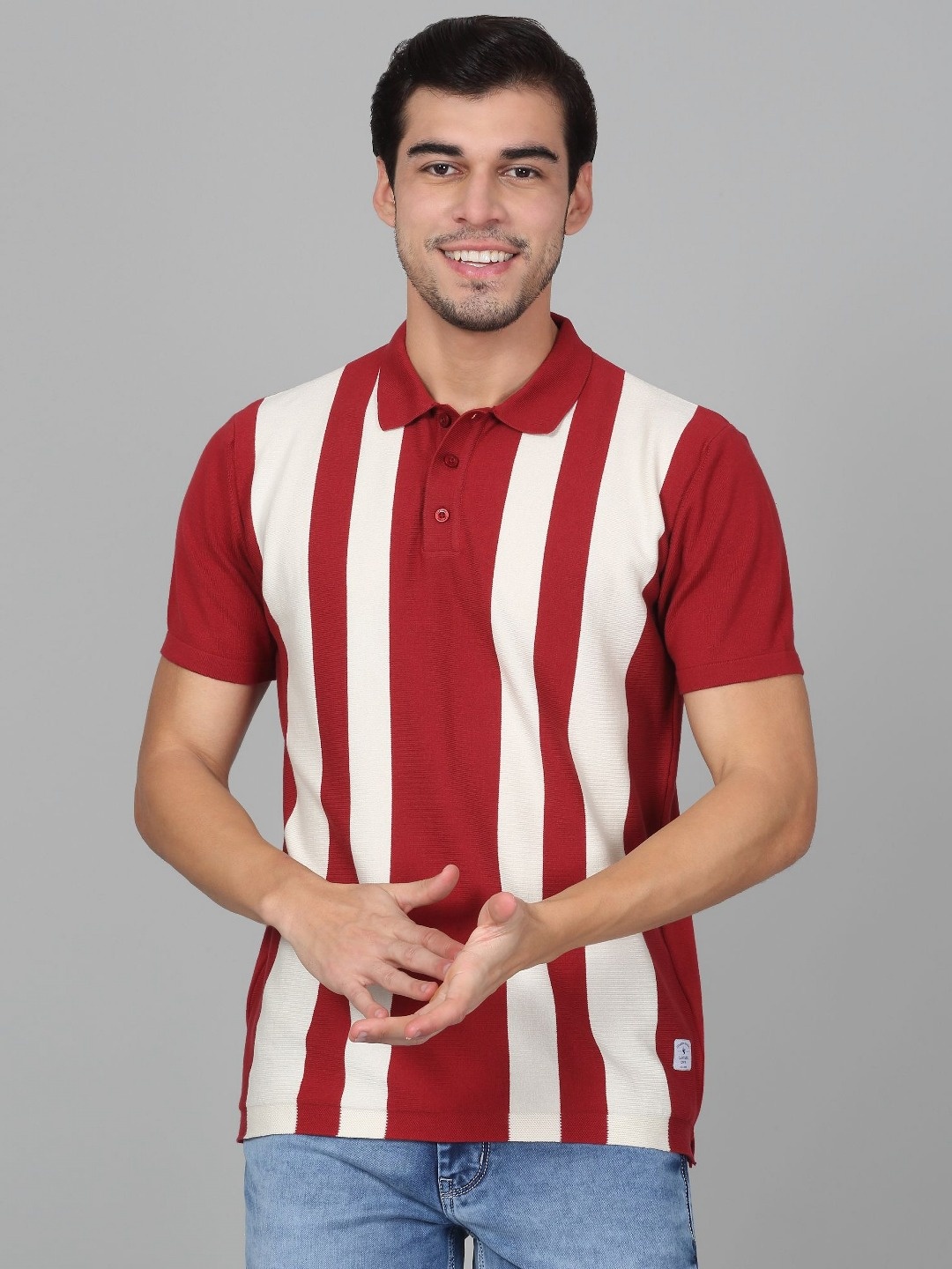 

Cantabil Men Striped Polo Collar T-shirt, Rust