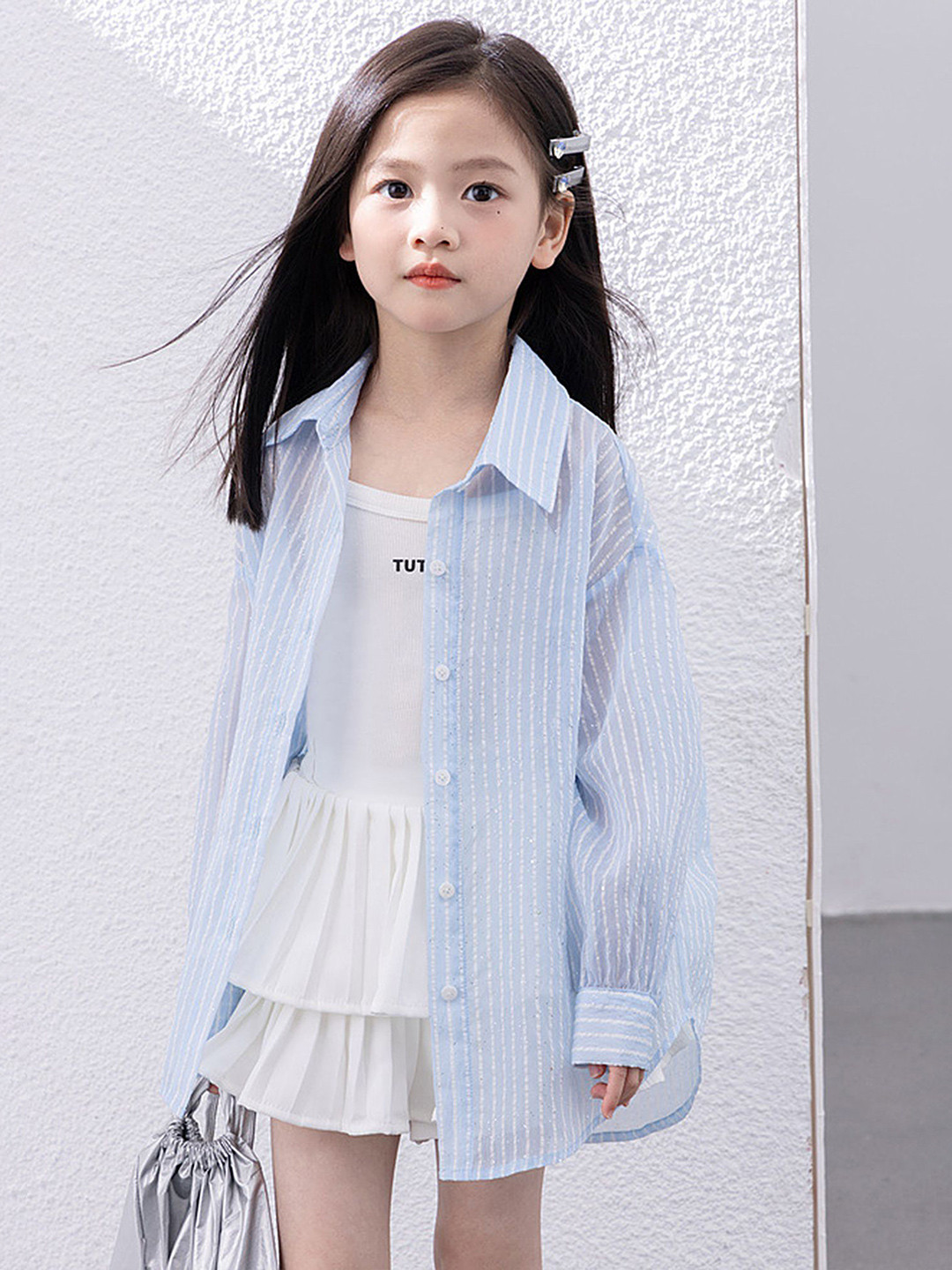 

LULU & SKY Girls Oversized Fit Spread Collar Vertical Striped Cotton Casual Shirt, Blue