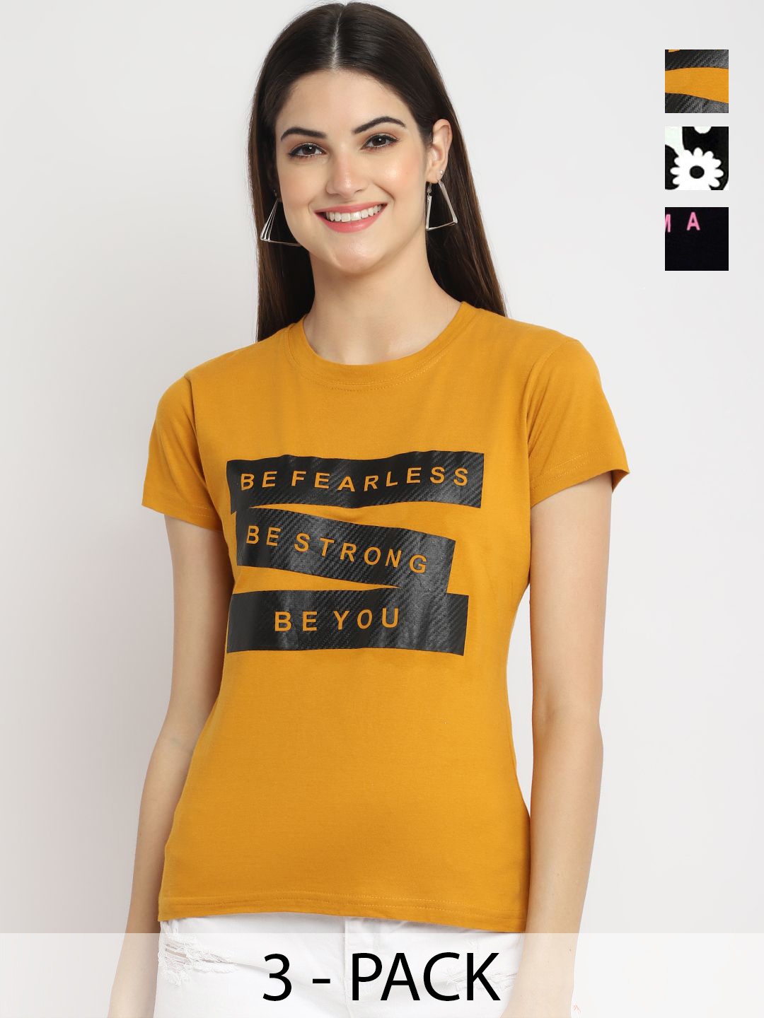 

Dreambe Women Pack of 3 Typography Printed Round Neck Cotton T-shirts, Mustard