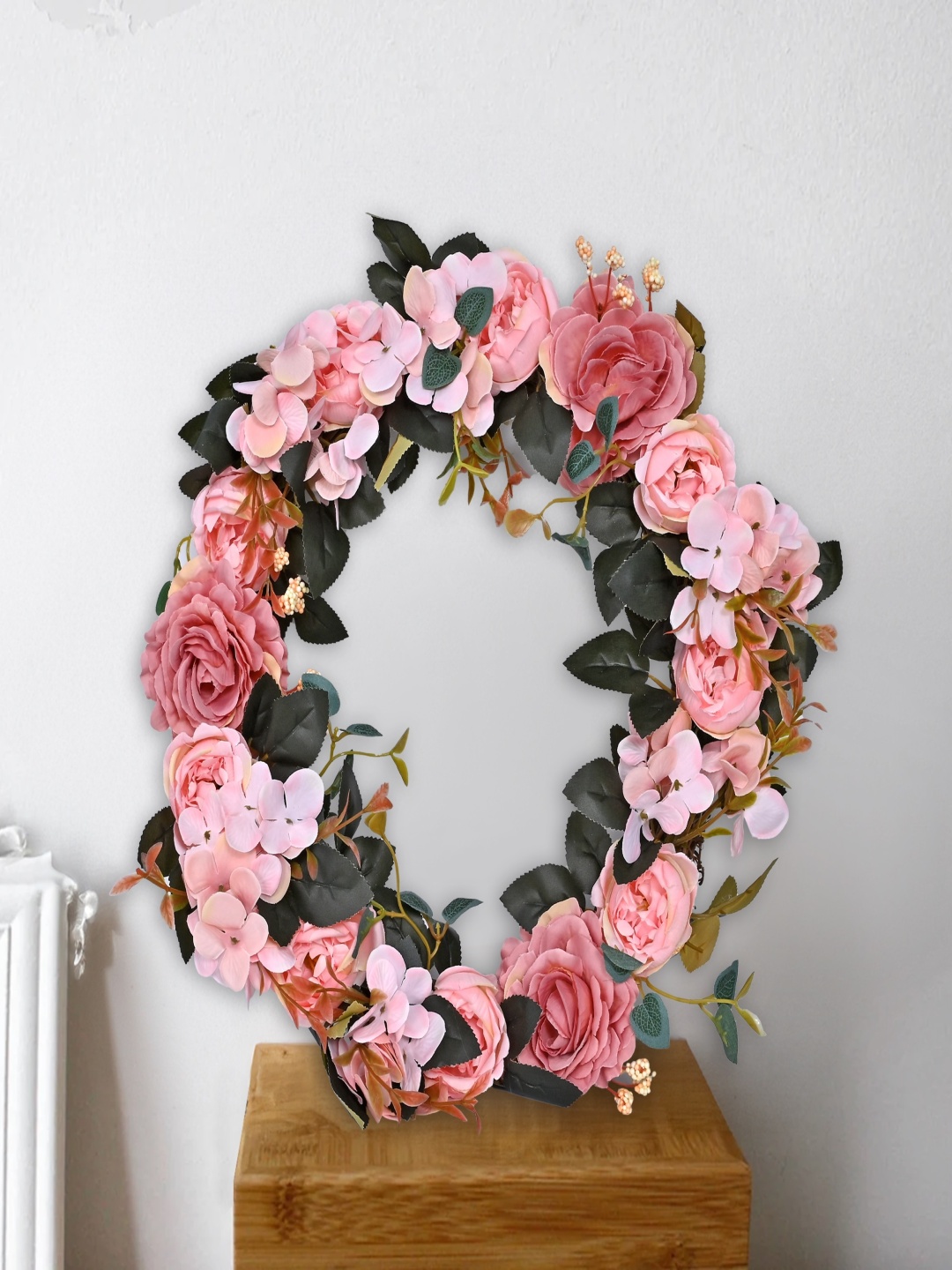 

Aura Pink Rose & Green Artificial Flower With Wooden Tub
