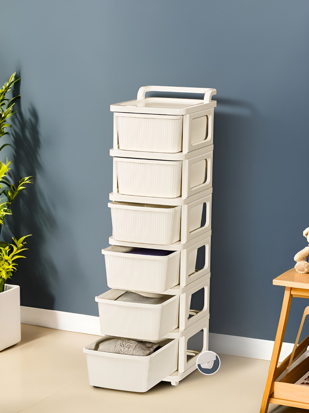 

Kuber Industries Cream-Colored Textured 6-Layer Storage Drawer Organizer With Wheels