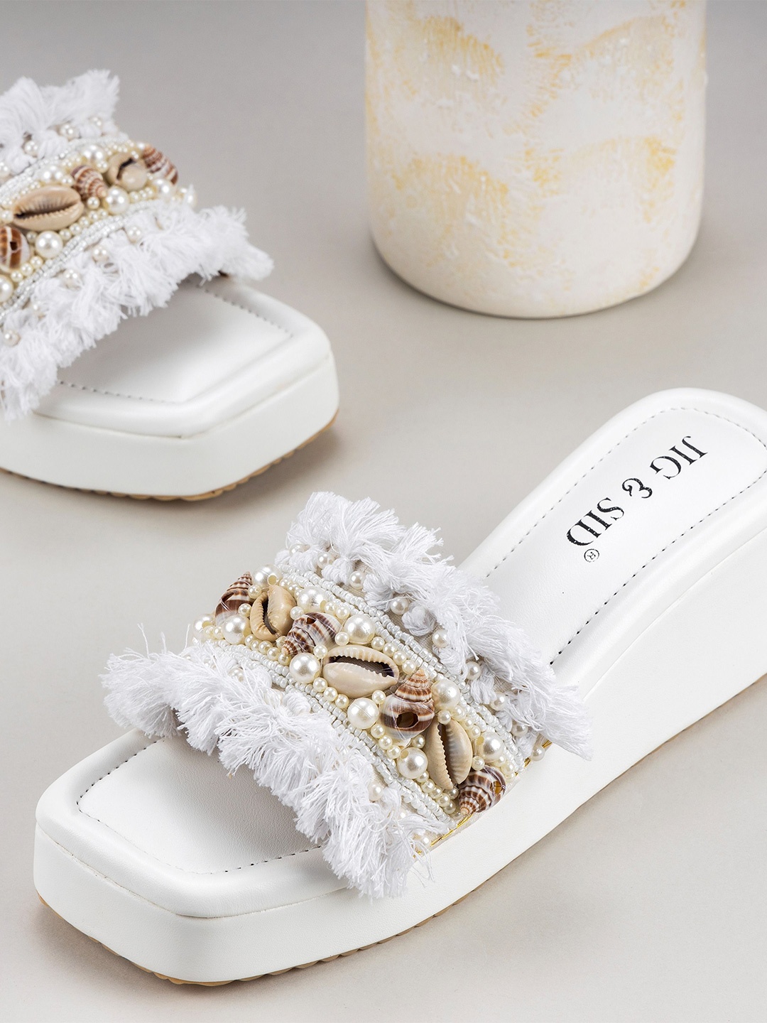 

TAYDOL Women Embellished Wedge Heel Sandals, White