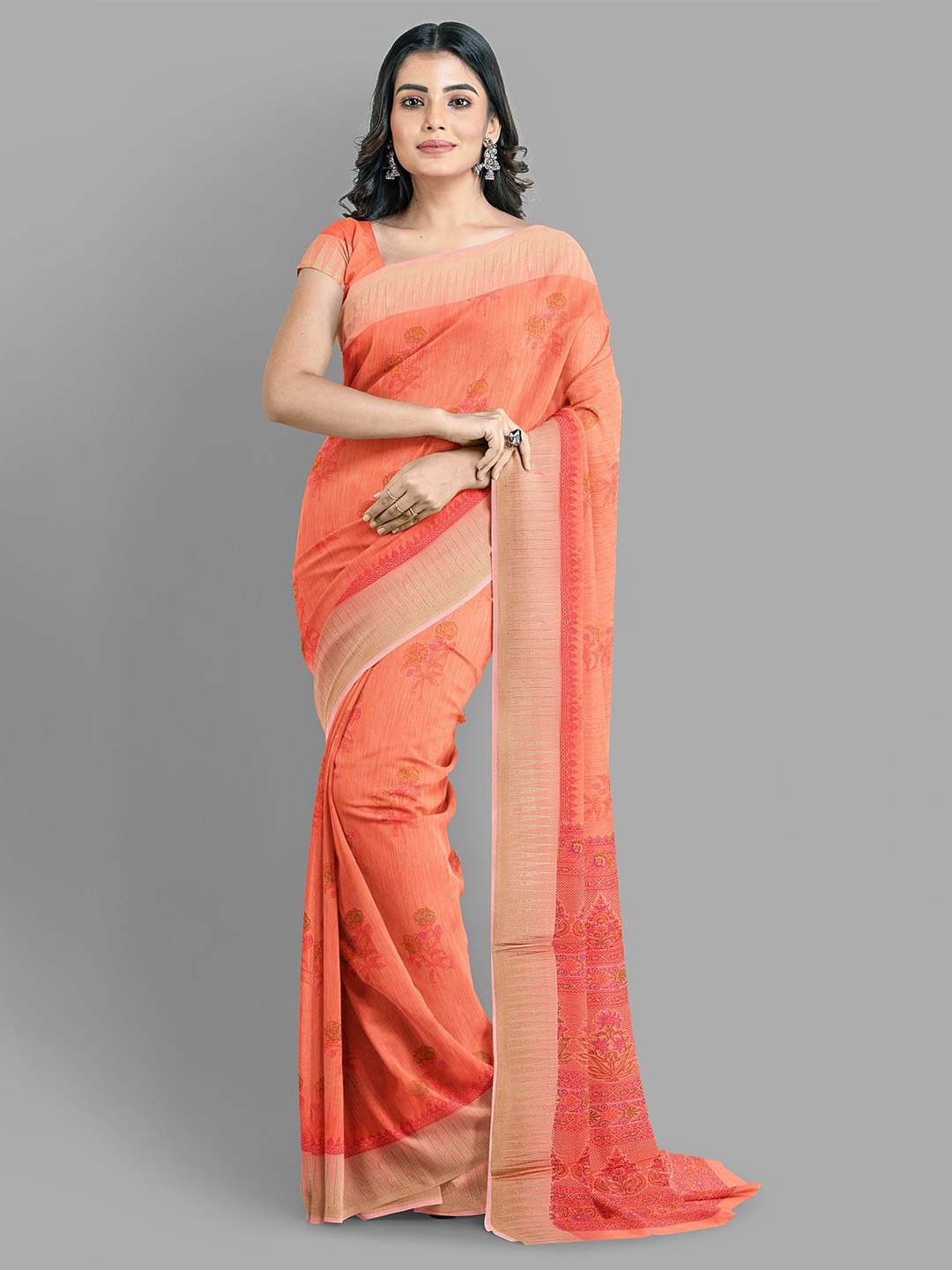 

The Chennai Silks Floral Printed Zari Pure Cotton Chanderi Saree, Orange