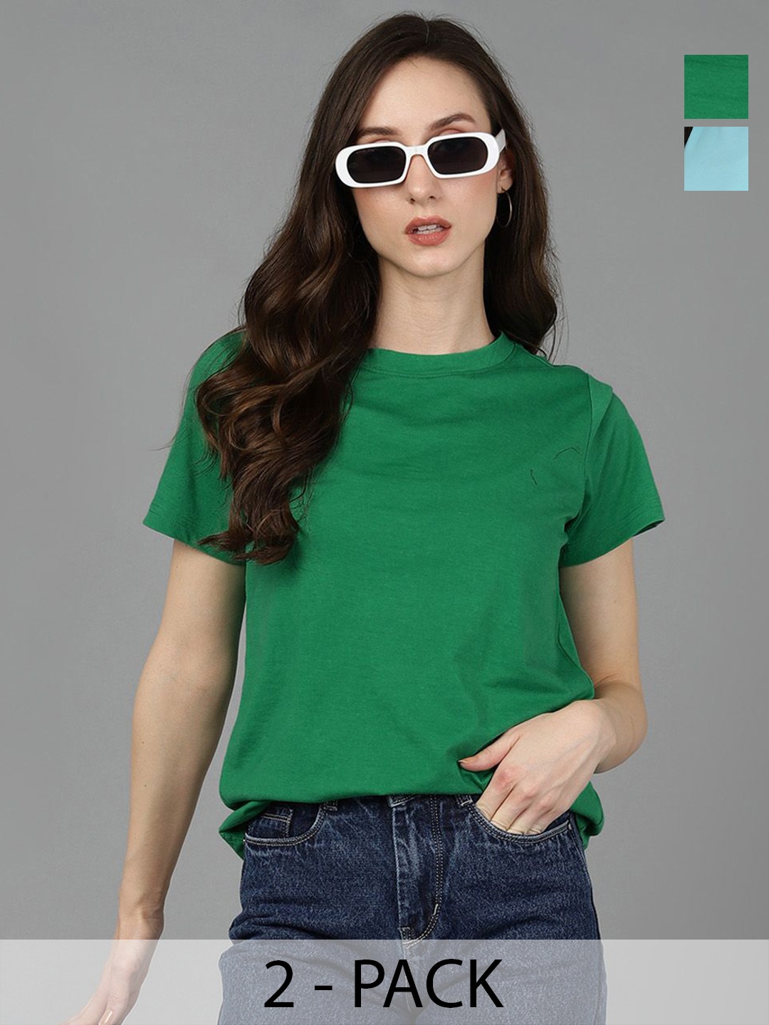 

Adyavastram Women Pack Of 2 Solid Round Neck Cotton T-shirts, Green
