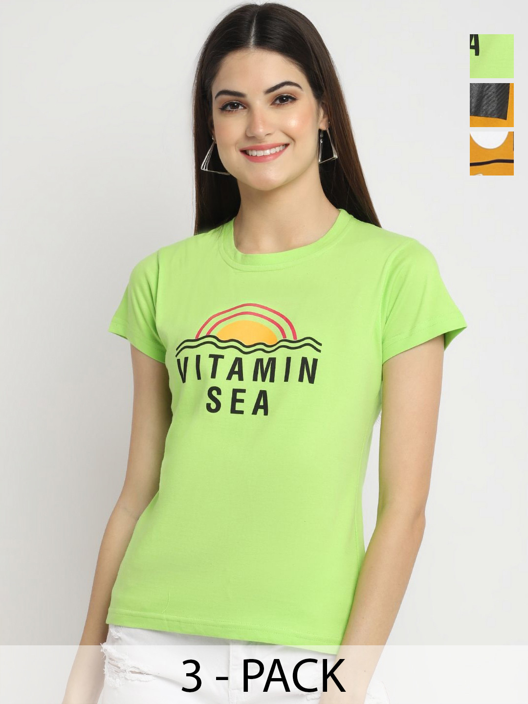 

Dreambe Women Pack of 3 Typography Printed Round Neck Cotton T-shirts, Green