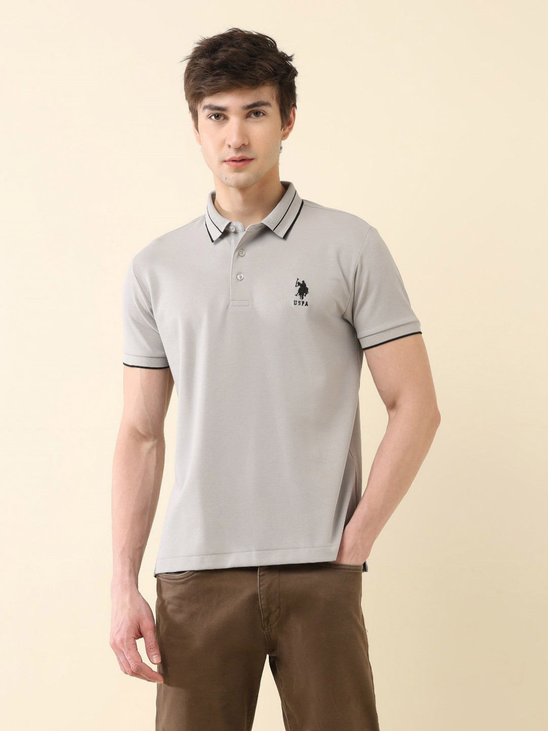 

U.S. Polo Assn. Men Solid Polo Collar Cotton Slim Fit T-shirt, Grey