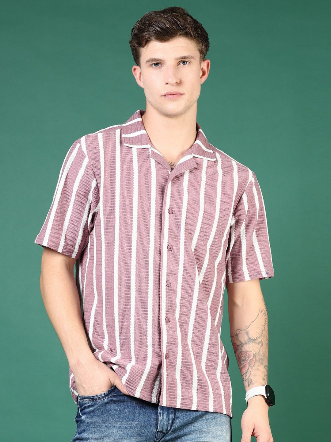 

V-Mart Men Cuban Collar Vertical Striped Cotton Casual Shirt, Purple