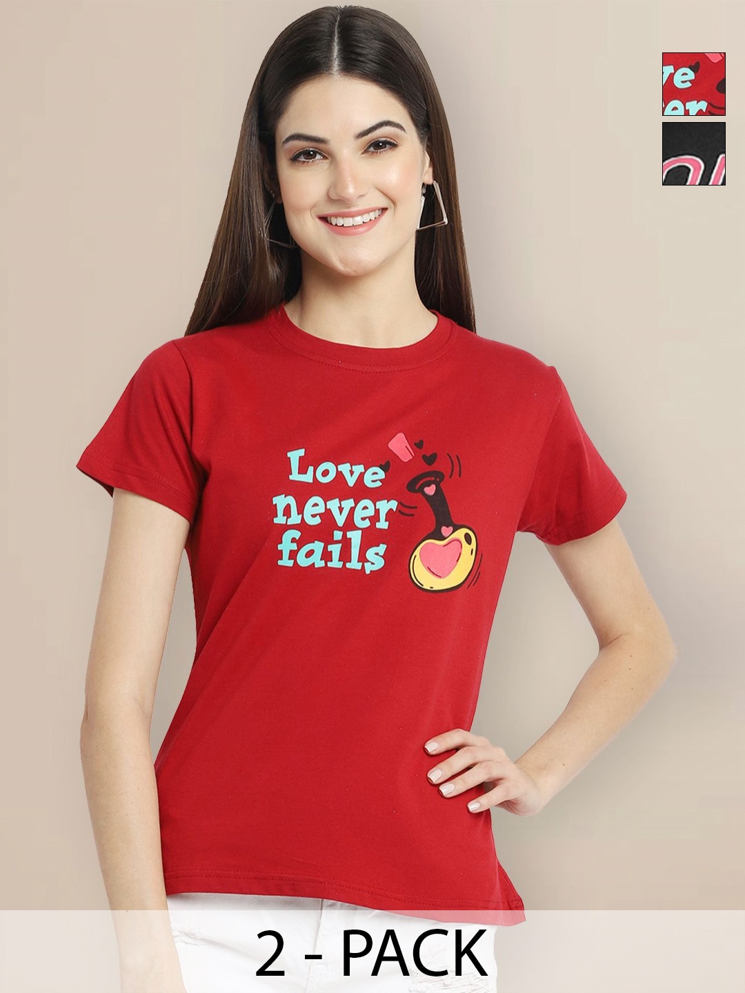 

GLOBAL NOMAD Women Pack of 2 Typography Printed Round Neck Cotton T-shirts, Red