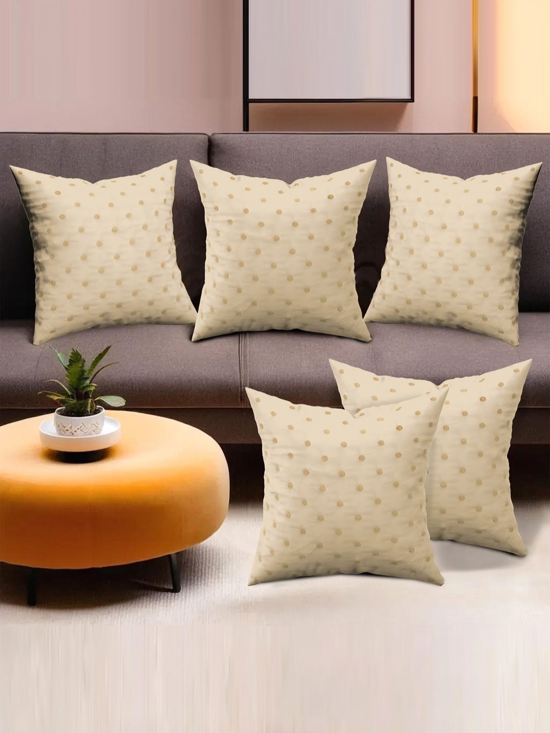 

Myntra Elegant Homes Light Brown & Beige Set of 5 Polka Dots Satin Square Cushion Covers