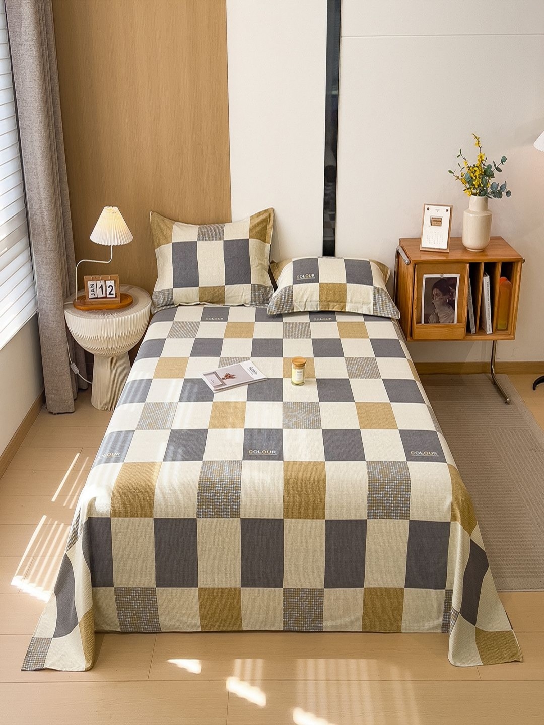 

JC HOME Grey & Cream Geometric Printed 140 TC Single Bedsheet Set 1.60 m x 2.30 m