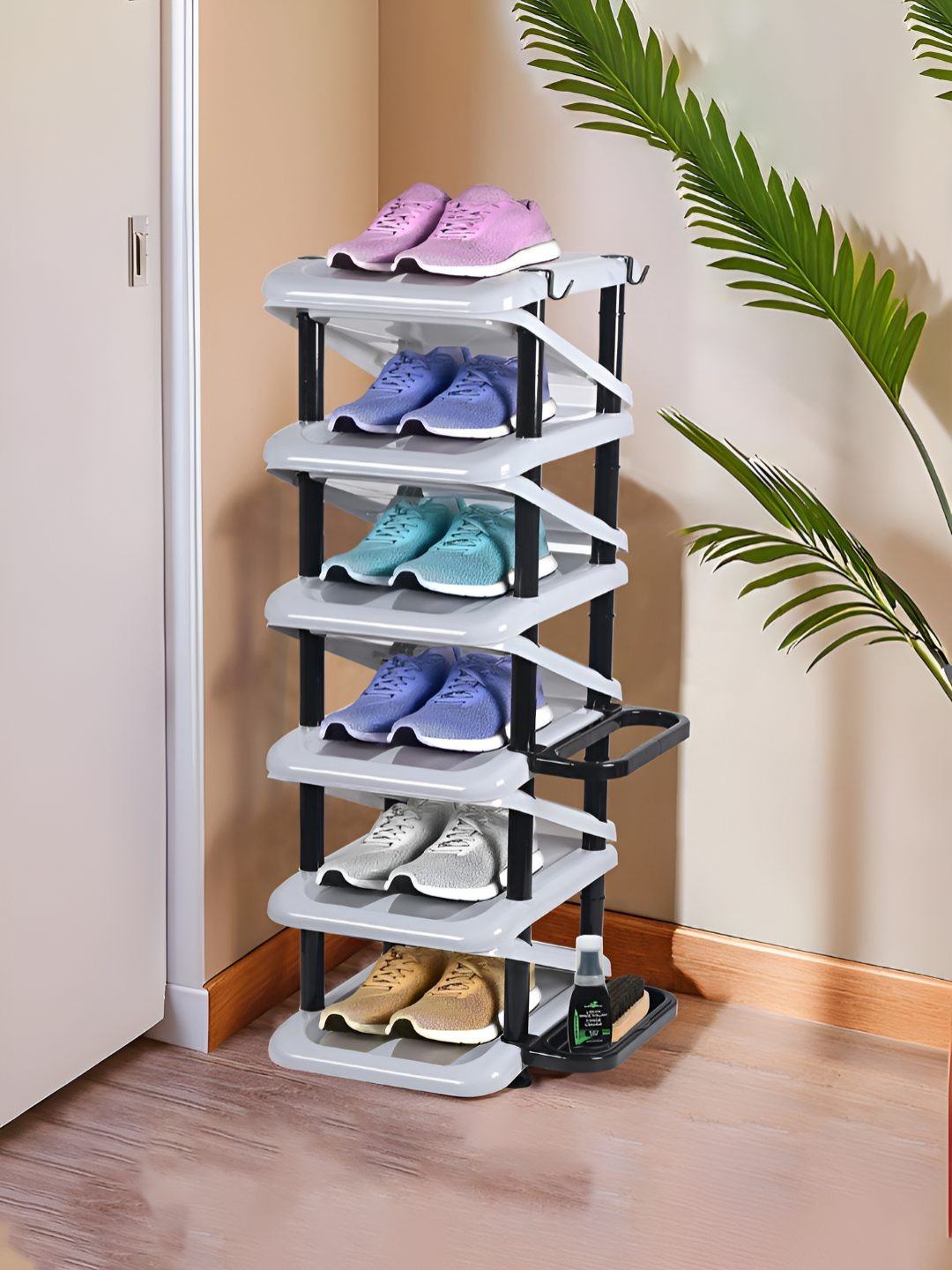 

Kuber Industries Grey Foldable 6 Tier Shoe Stand With Side Hooks