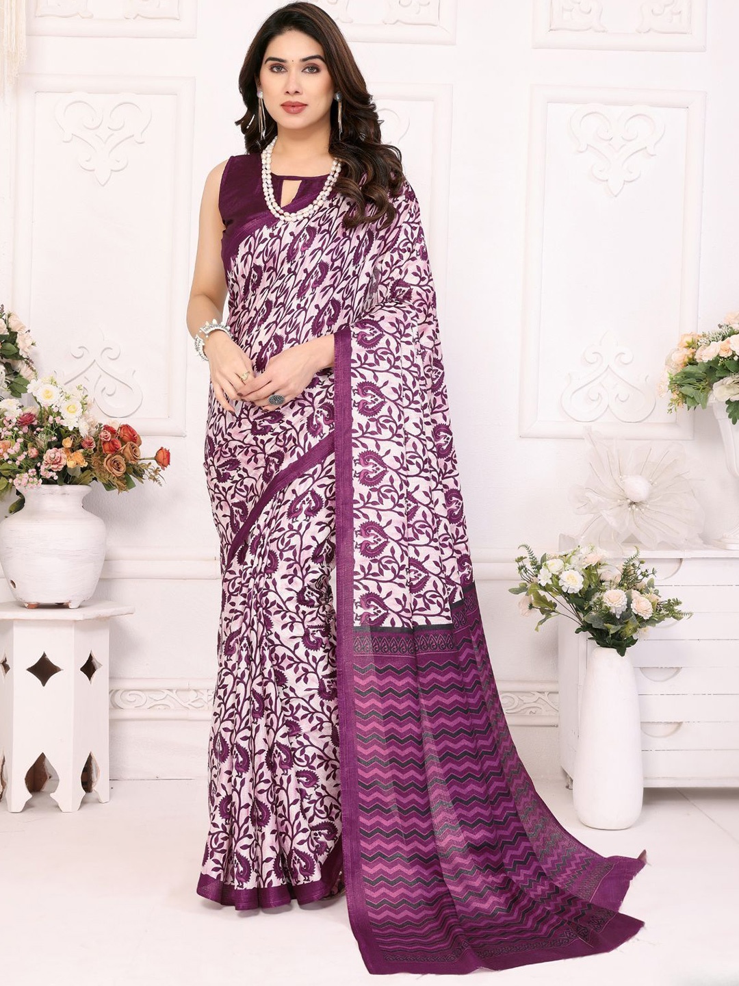 

ODETTE Purple Printed Saree With Unstitched Blouse For Women