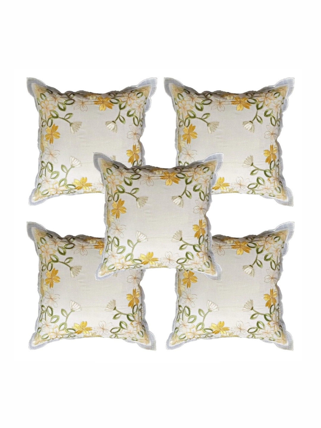 

MONKDECOR Yellow & Green Set of 5 Floral Embroidered Square Cushion Covers, White