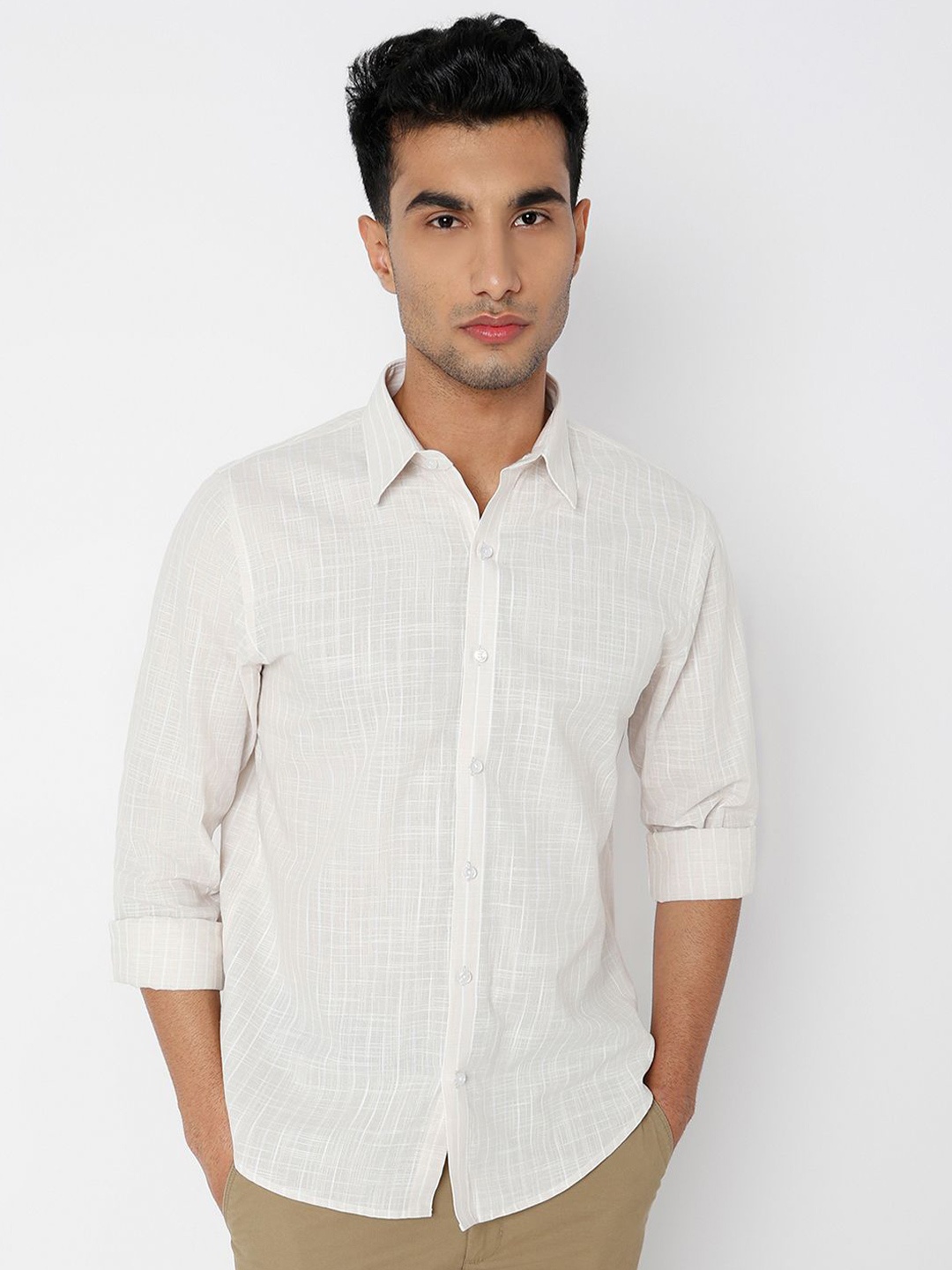 

MARK & ALBERT Men India Slim Fit Spread Collar Vertical Striped Casual Shirt, Beige
