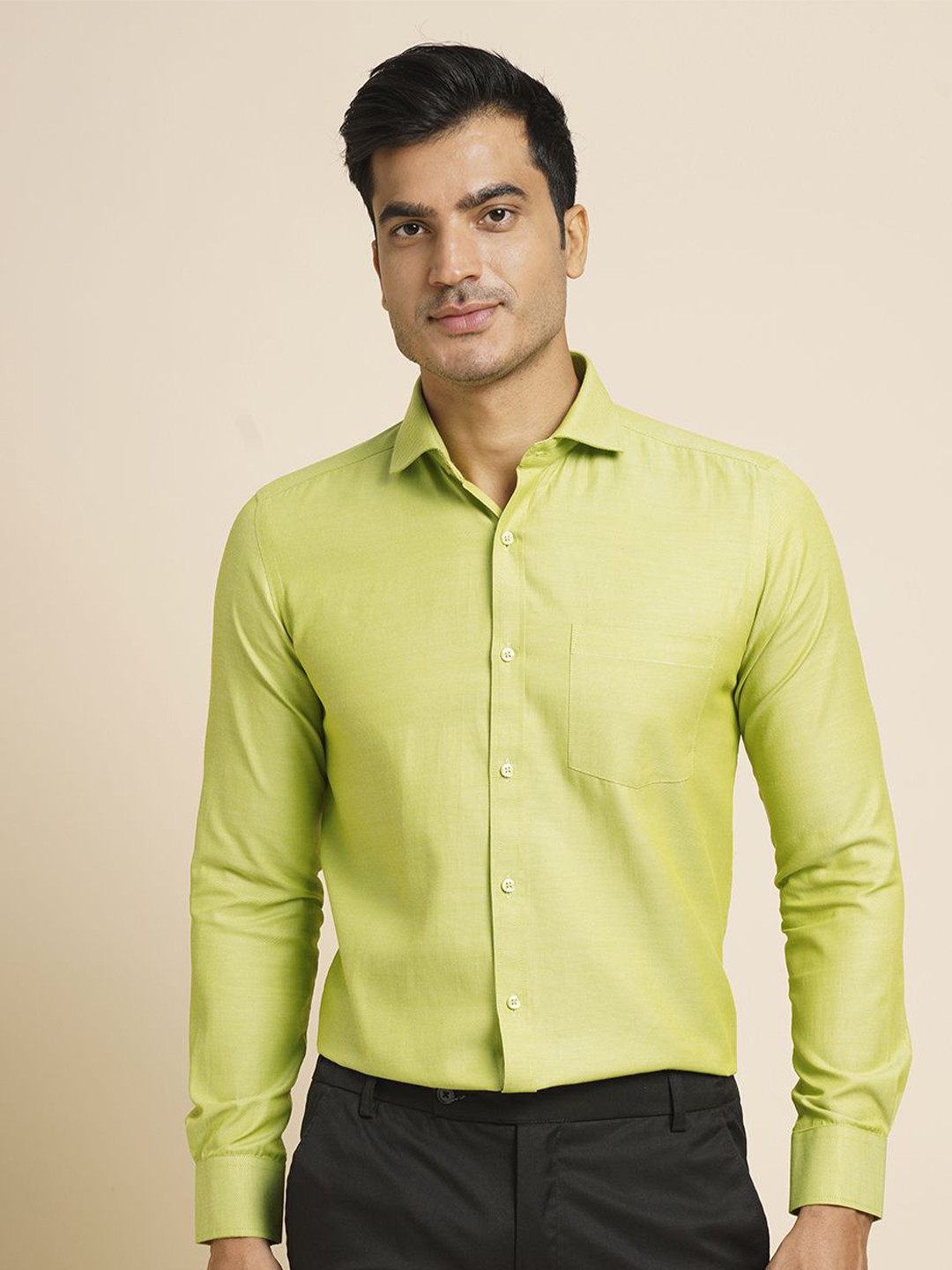 

John Philips Men India Slim Fit Spread Collar Solid Casual Shirt, Lime green