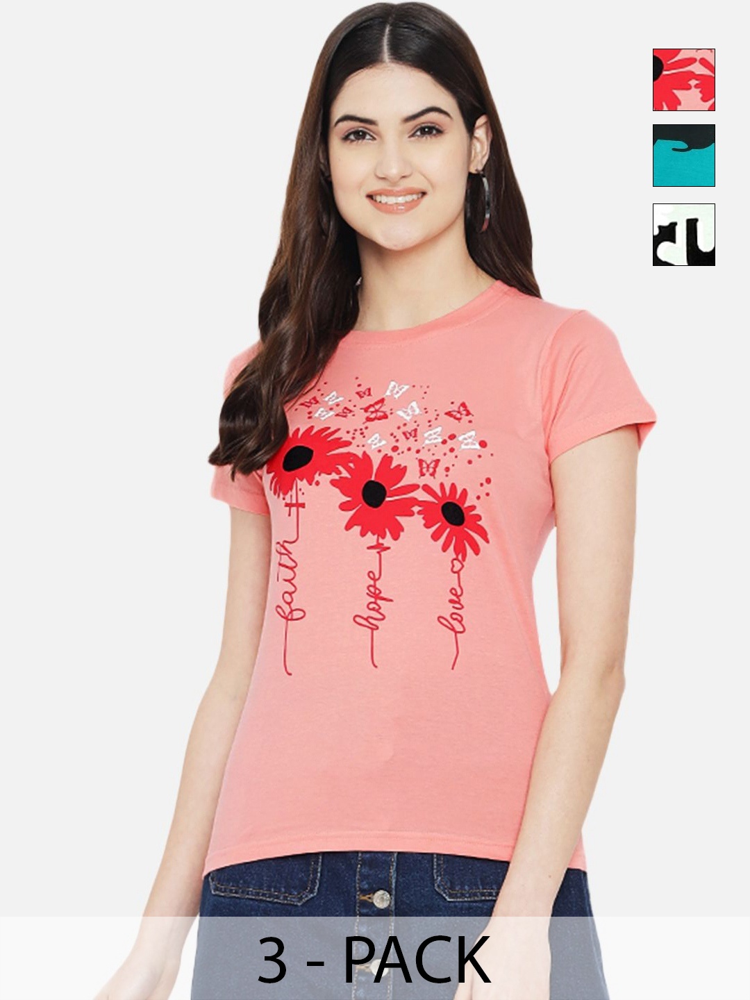 

Dreambe Pack Of 3 Typography Printed Round Neck Cotton T-shirts, Pink