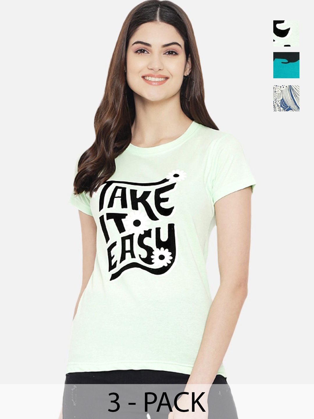 

Dreambe Women Pack of 3 Typography Printed Round Neck Cotton T-shirts, Green
