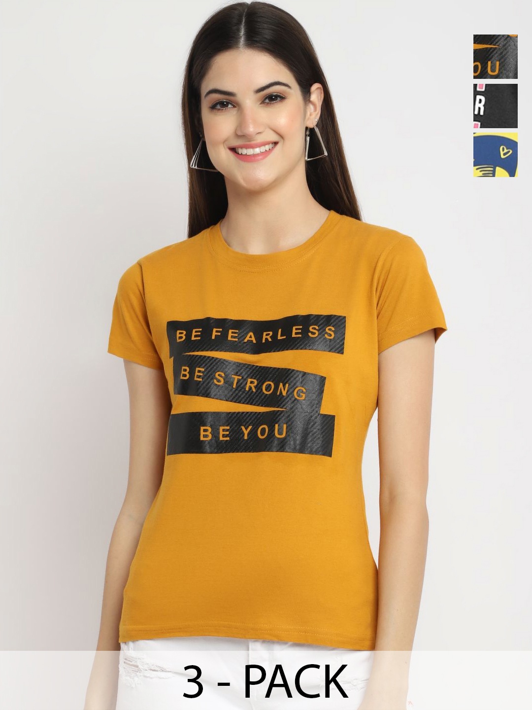 

Dreambe Women Pack of 3 Typography Printed Round Neck Cotton T-shirts, Mustard