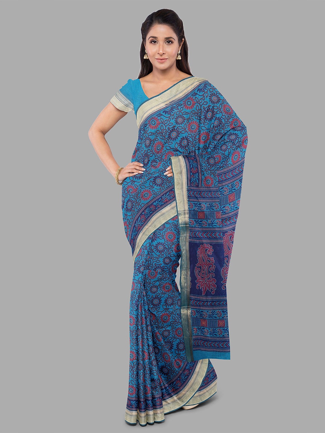 

The Chennai Silks Floral Printed Zari Pure Cotton Chanderi Saree, Blue