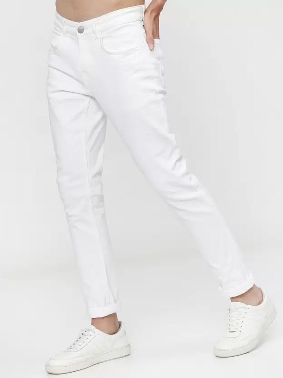 

COMFITS Men Classic Regular Fit Mid-Rise Clean Look Cotton Jeans, White