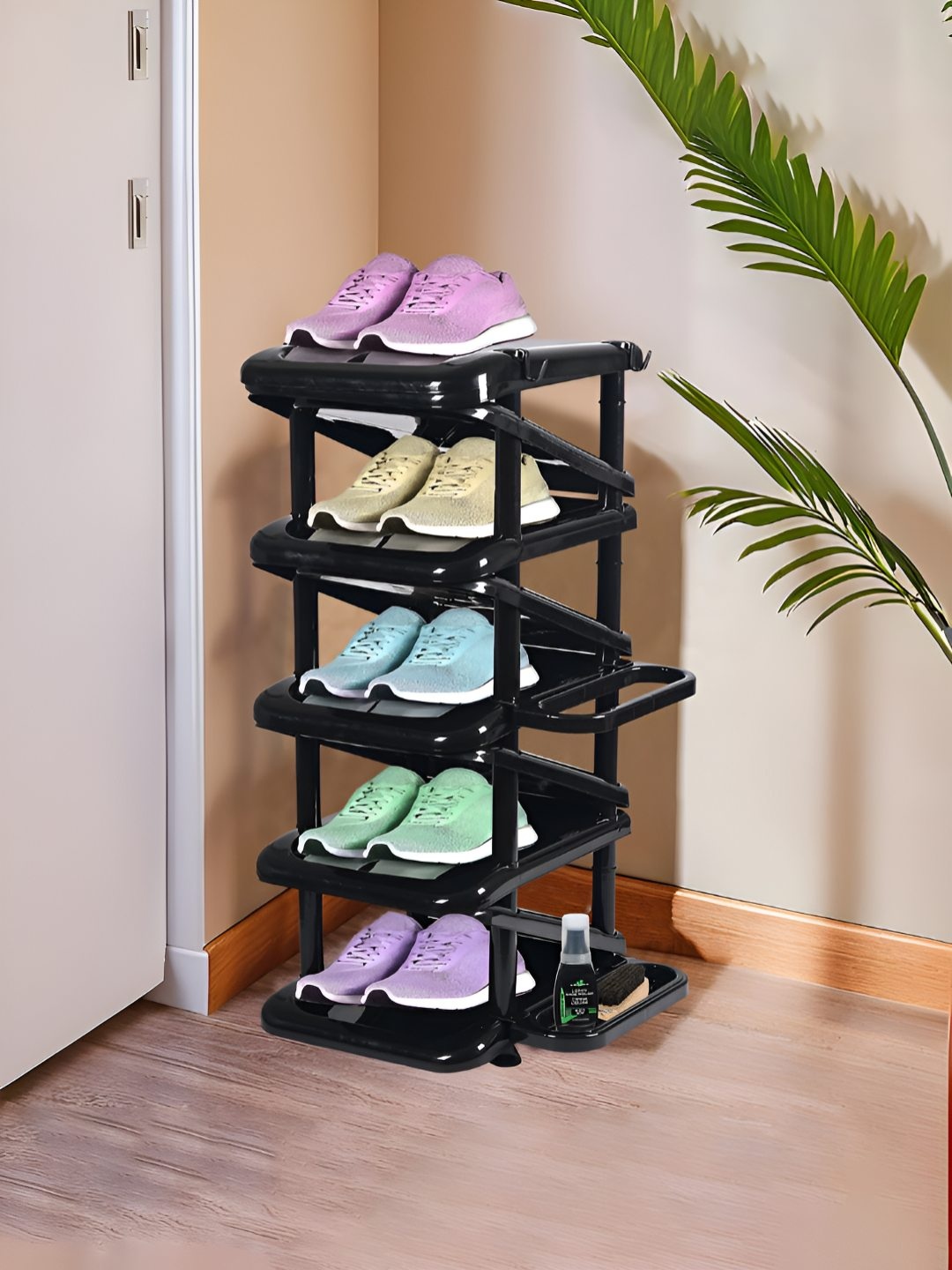 

Kuber Industries Black Foldable 5 Tier Shoe Stand With Side Hooks