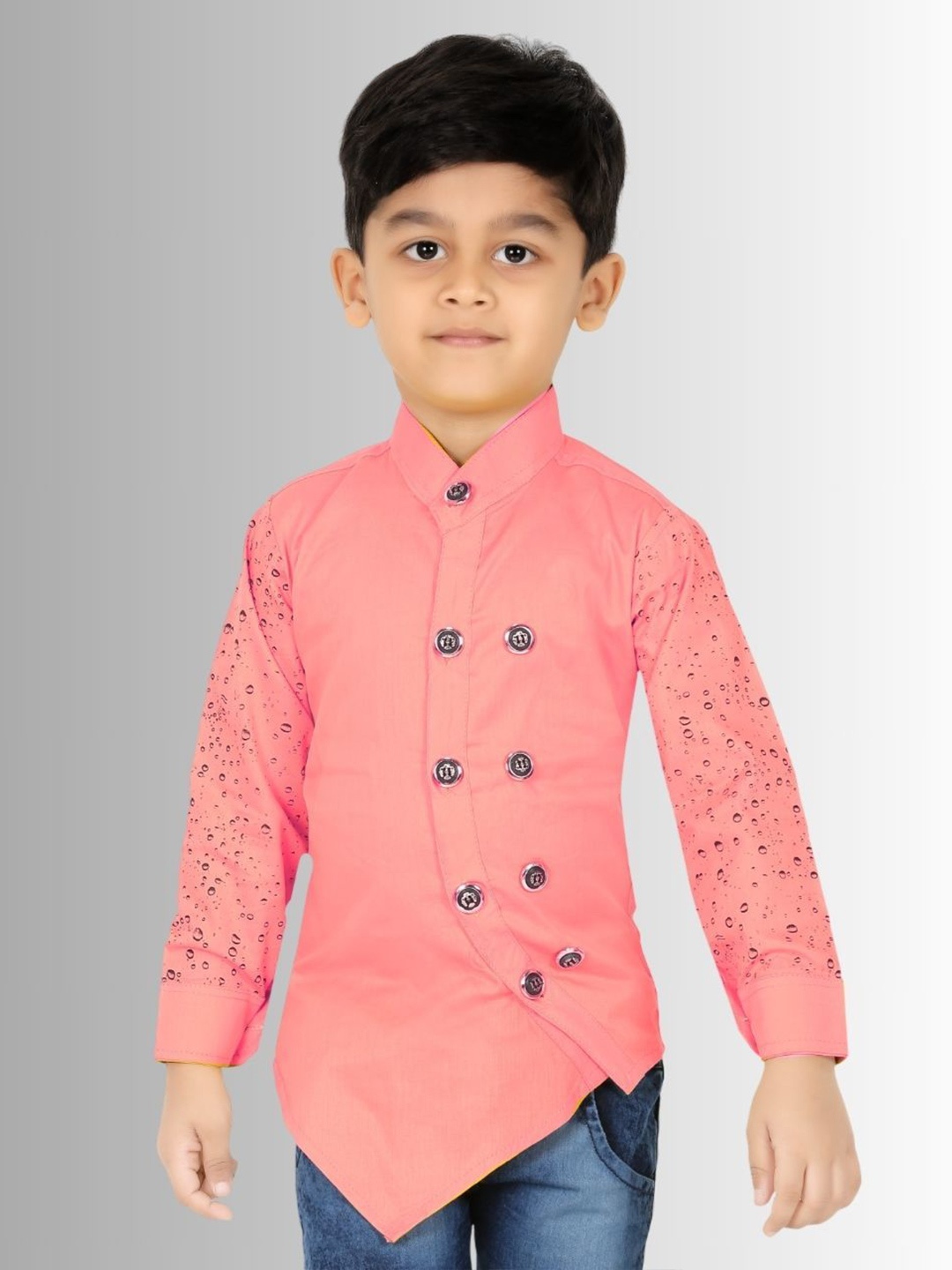 

BAESD Boys Classic Fit Band Collar Abstract Printed Cotton Casual Shirt, Pink