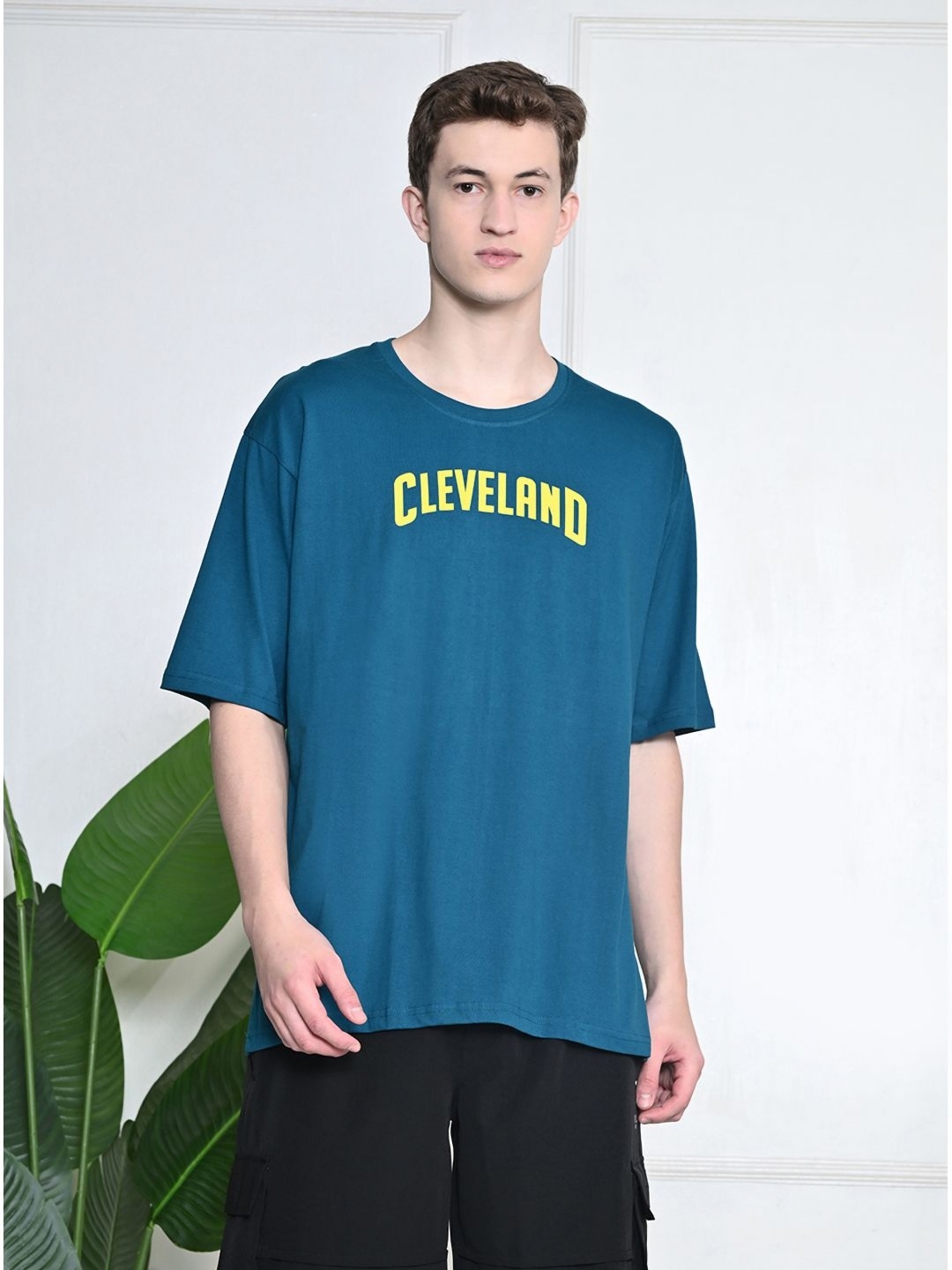 

FITINC Men Bio Finish Typography Printed Oversized Pure Cotton T-shirt, Blue