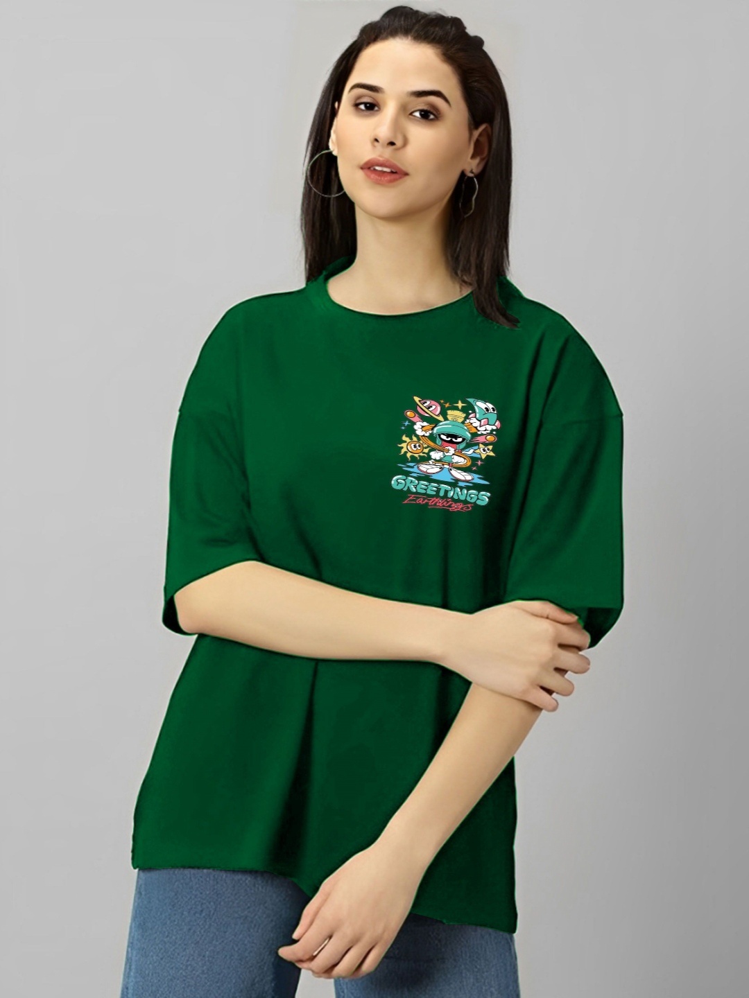 

Kushi Flyer Women Graphic Printed Round Neck Cotton Oversized T-shirt, Green