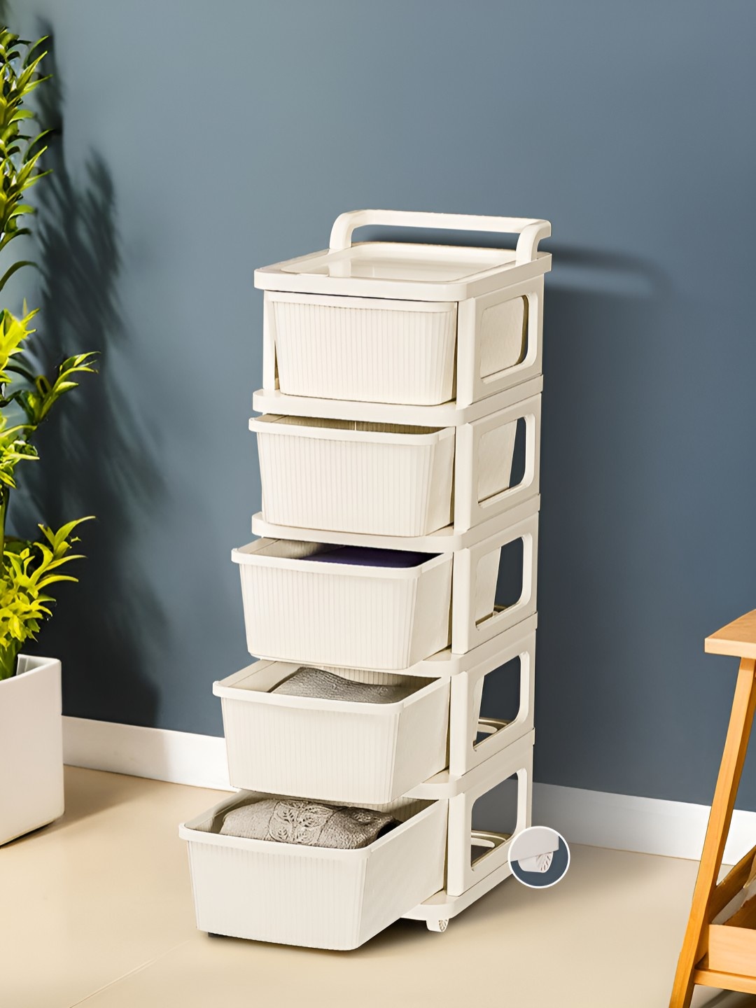 

Kuber Industries Cream-Colored Textured 5-Layer Storage Drawer Organizer With Wheels