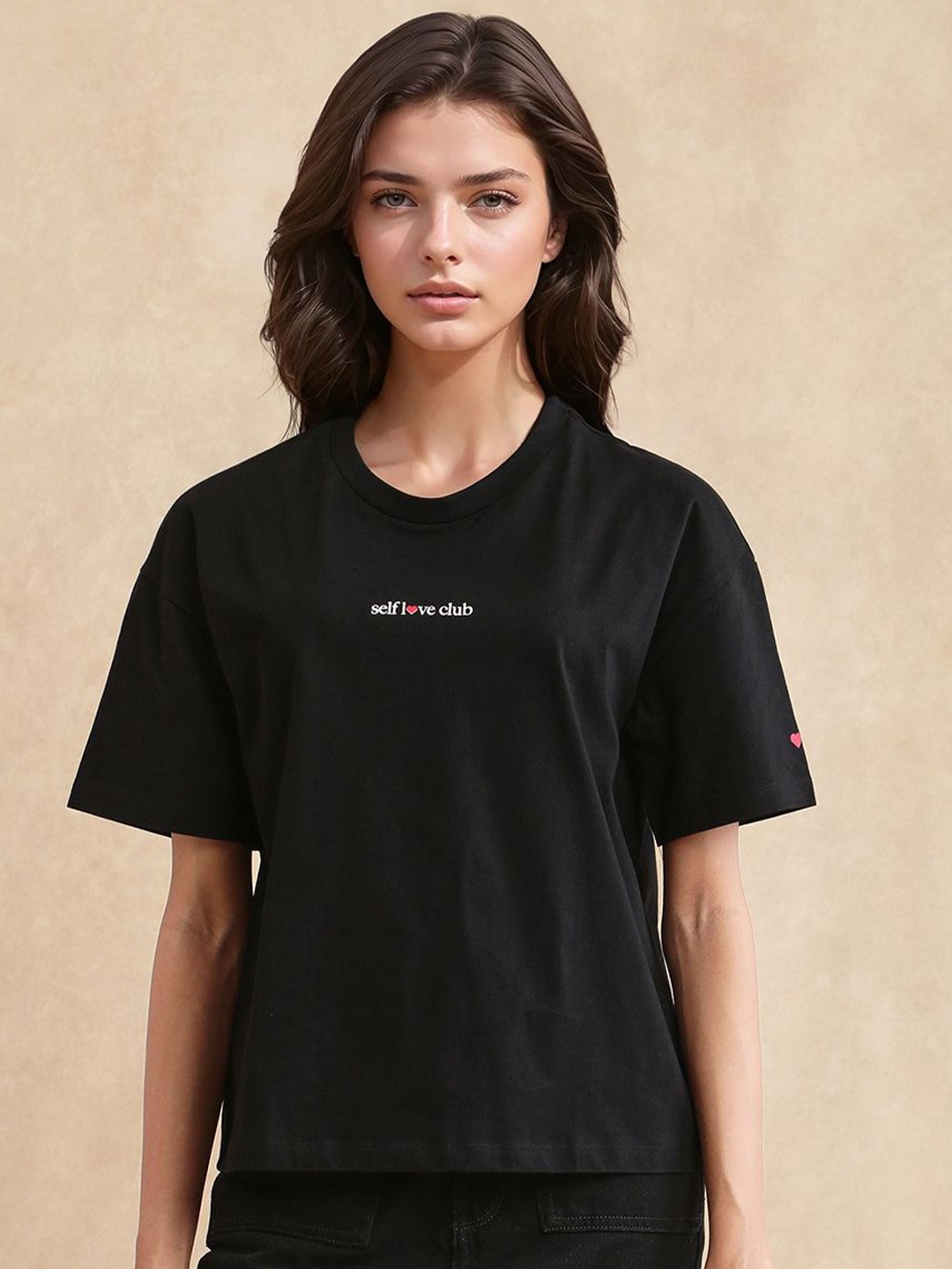 

RAREISM Women Typography Printed Round Neck Cotton Boxy T-shirt, Black