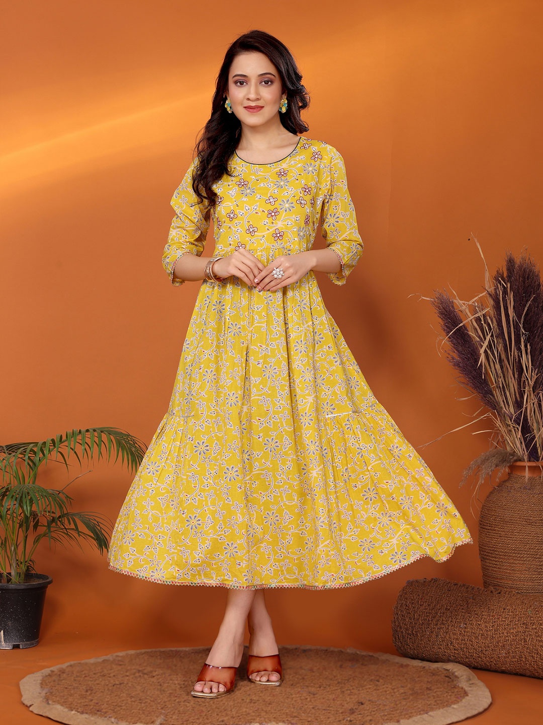 

Rangita Women Embroidered Cotton Tiered Dress, Yellow
