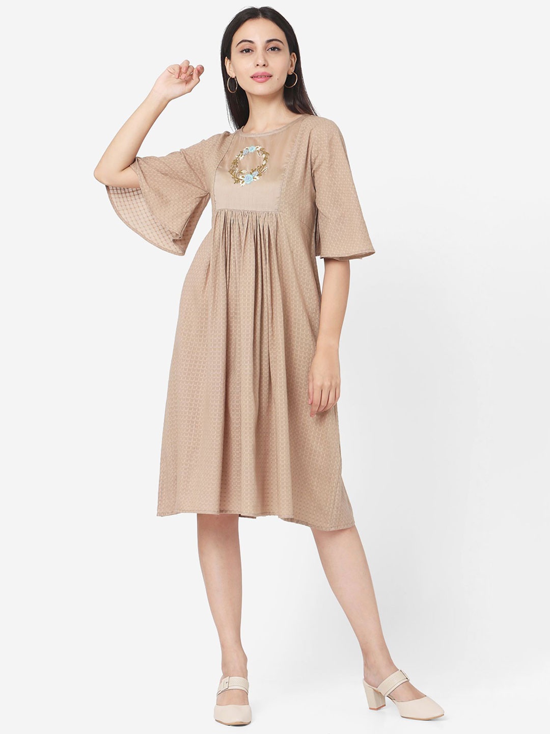 

KALINI Women Embroidered Round Neck Flared Sleeves Fit & Flare Midi Dress, Beige