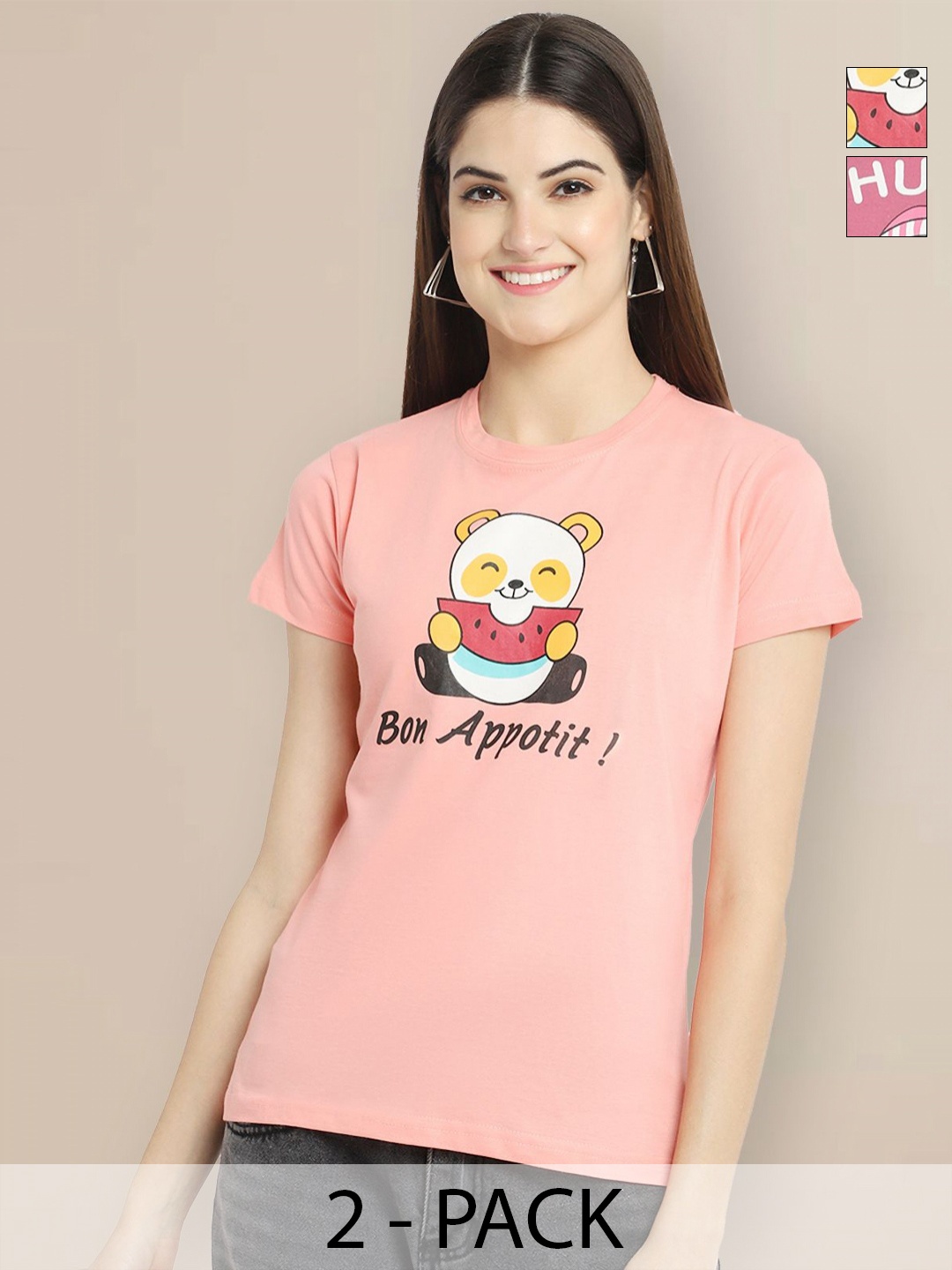 

GLOBAL NOMAD Women Pack of 2 Graphic Printed Round Neck Cotton T-shirts, Peach