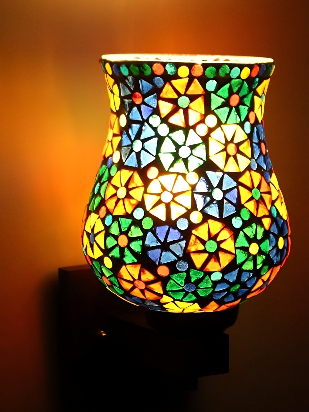 

KINIS Brown & Green Printed Quirky Bell Shaped Wooden Wall Lamp