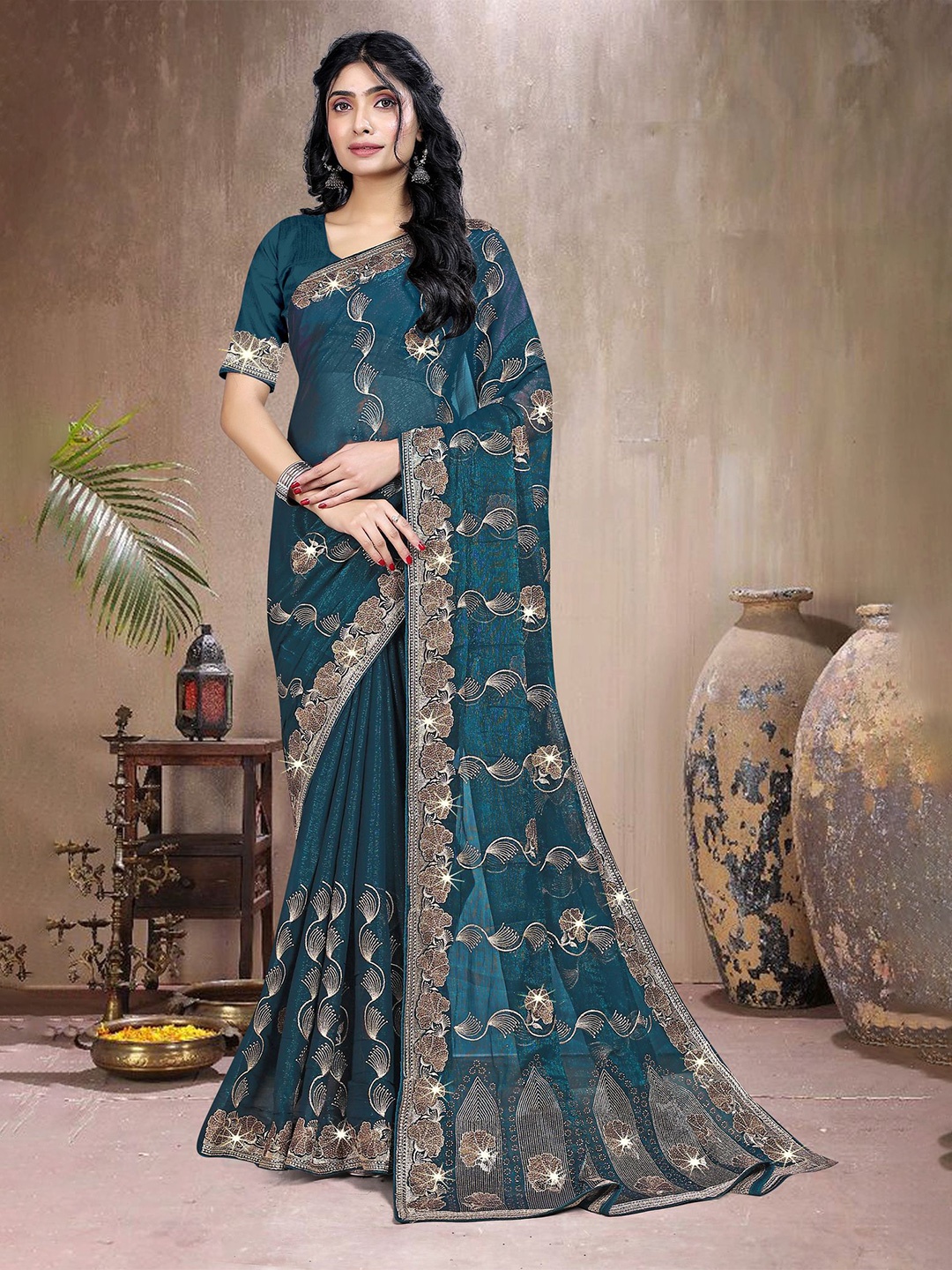 

ANJANI TEXTILE Ethnic Motifs Beads and Stones Embroidered Tissue Saree, Turquoise blue