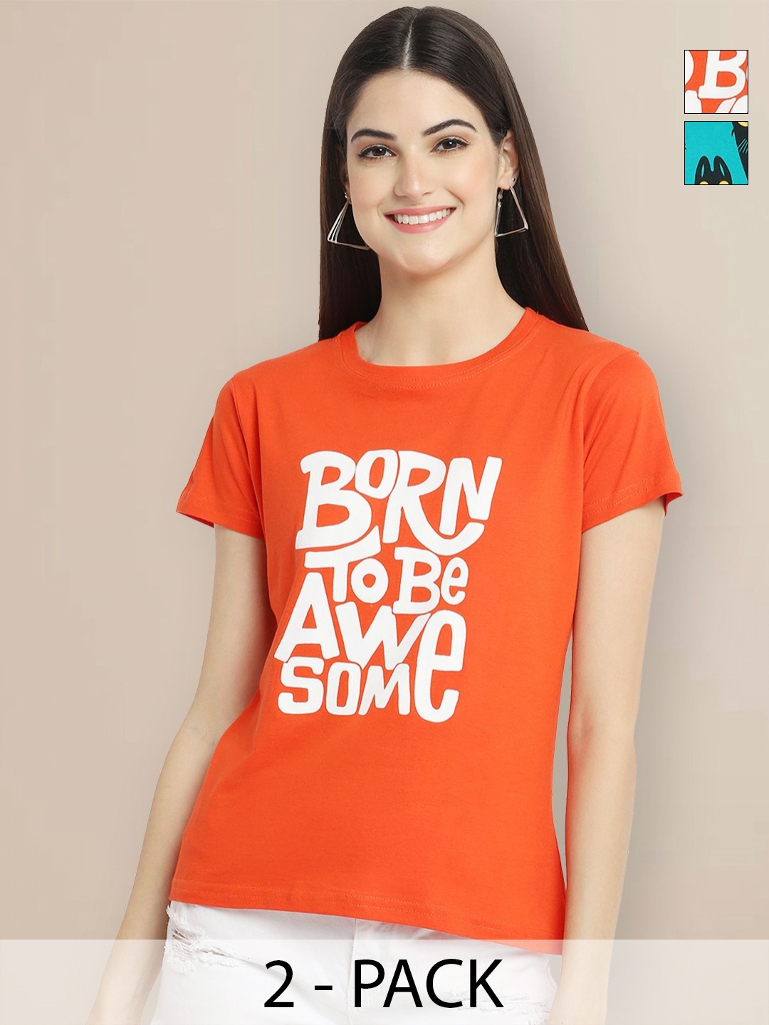 

GLOBAL NOMAD Women Pack of 2 Typography Printed Round Neck Cotton T-shirts, Orange