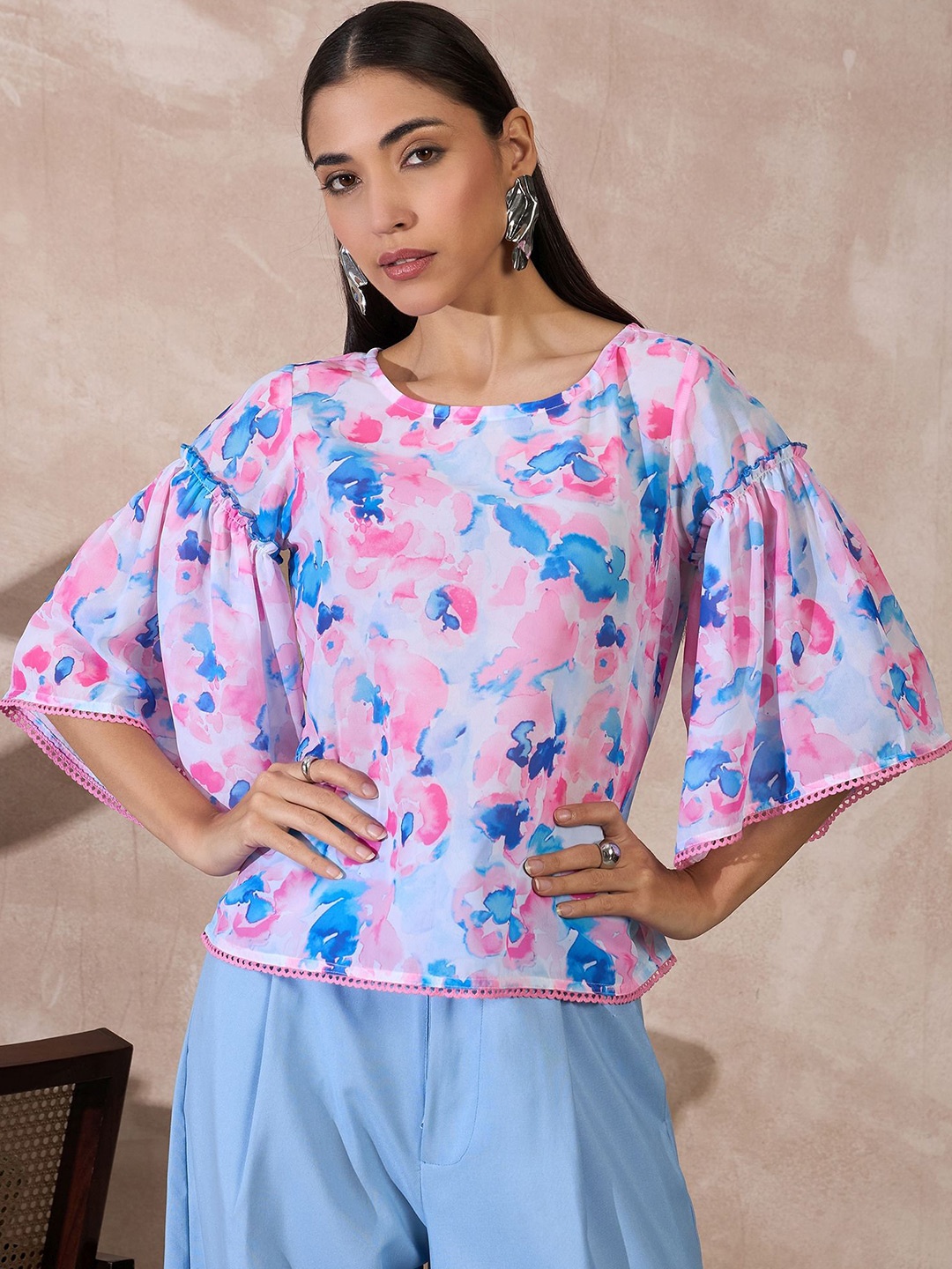 

all about you Women Printed Flared Sleeves Georgette Top, Pink